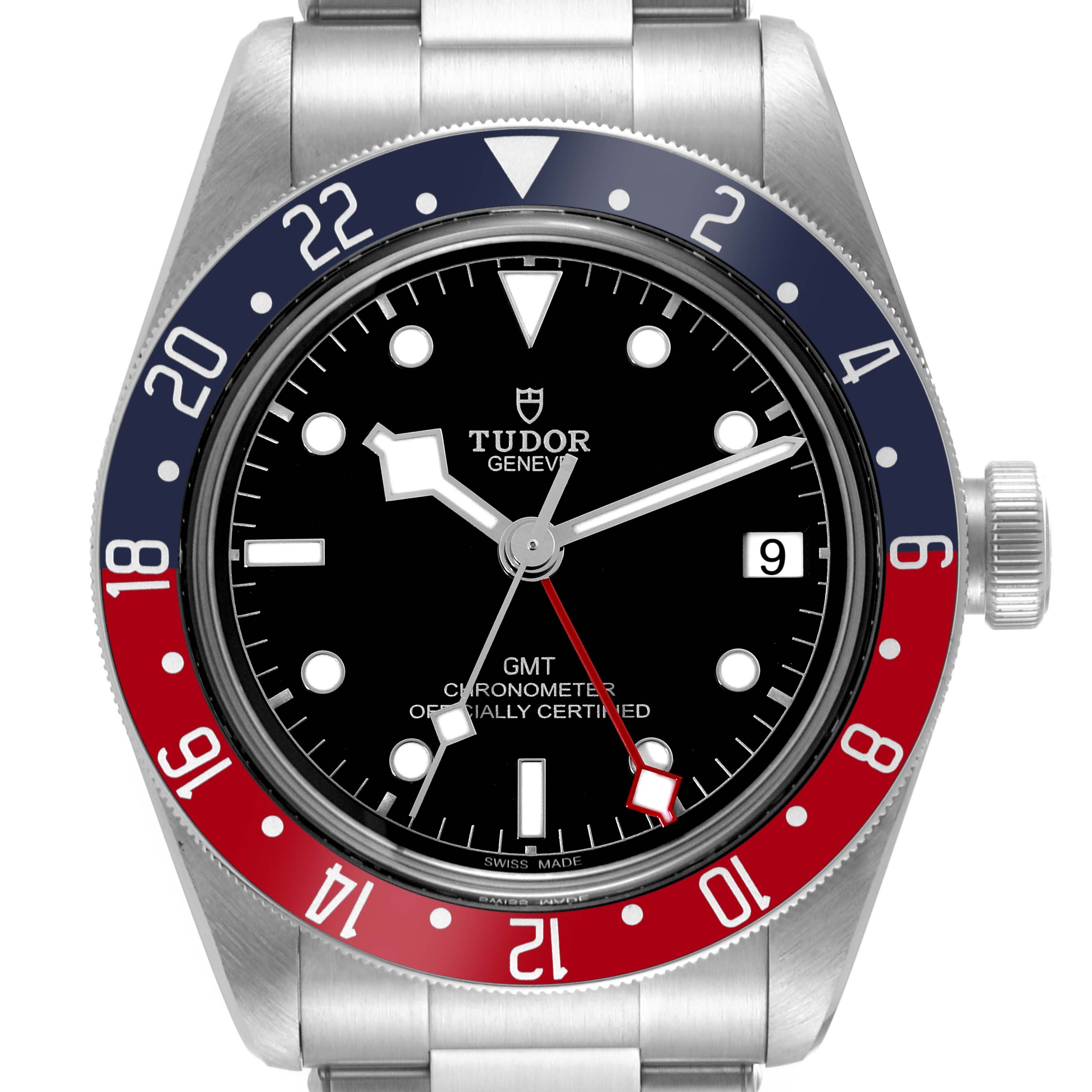 The image shows a Tudor Heritage Black Bay 79830RB Men
s Stainless Steel Black Dial 79830RB Men
s Stainless Steel Black Dial model watch from a front angle, highlighting the dial, bezel, and bracelet.