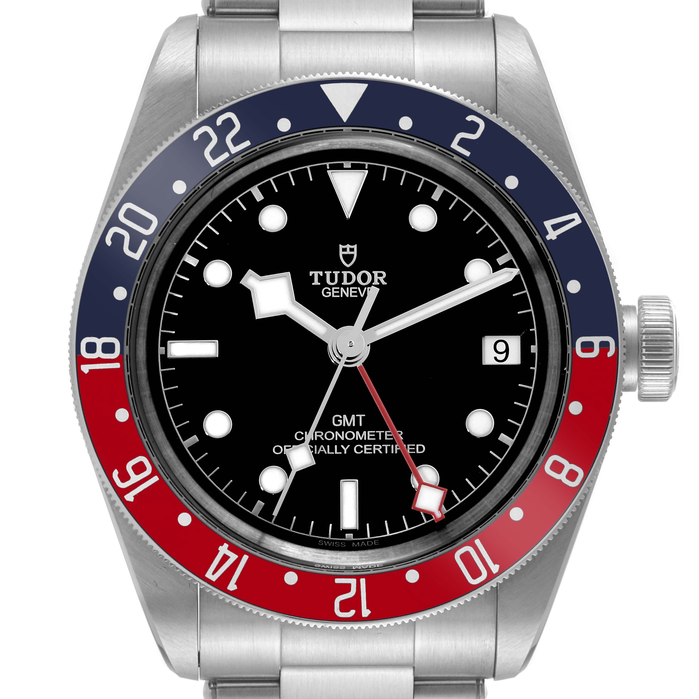 The image shows a frontal view of the Tudor Heritage Black Bay 79830RB Men
s Stainless Steel Black Dial 79830RB Men
s Stainless Steel Black Dial watch, highlighting its dial, bezel, and part of its bracelet.