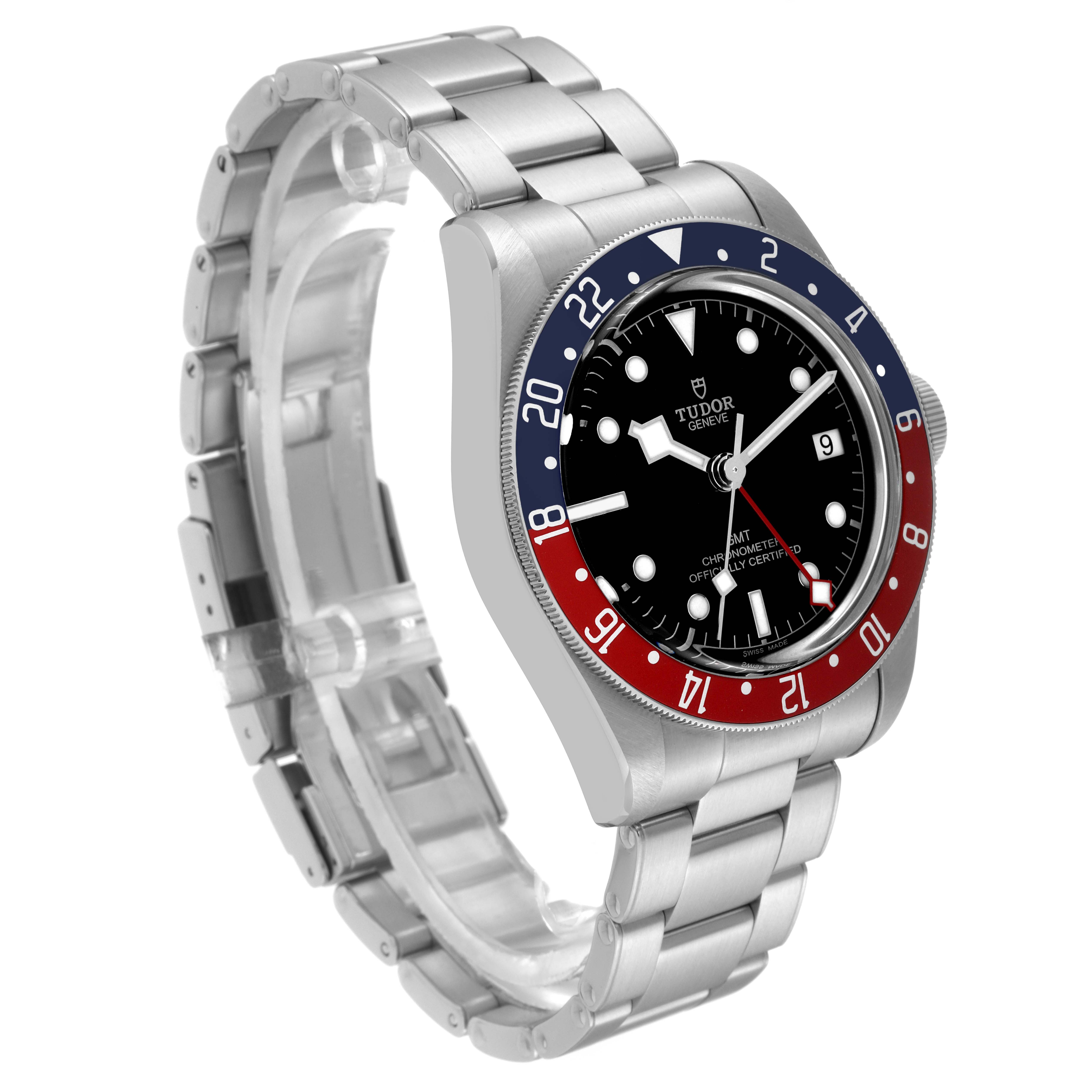 The Tudor Heritage Black Bay 79830RB Men
s Stainless Steel Black Dial 79830RB Men
s Stainless Steel Black Dial watch is shown from an angled top view, displaying its face, bezel, and stainless steel bracelet.