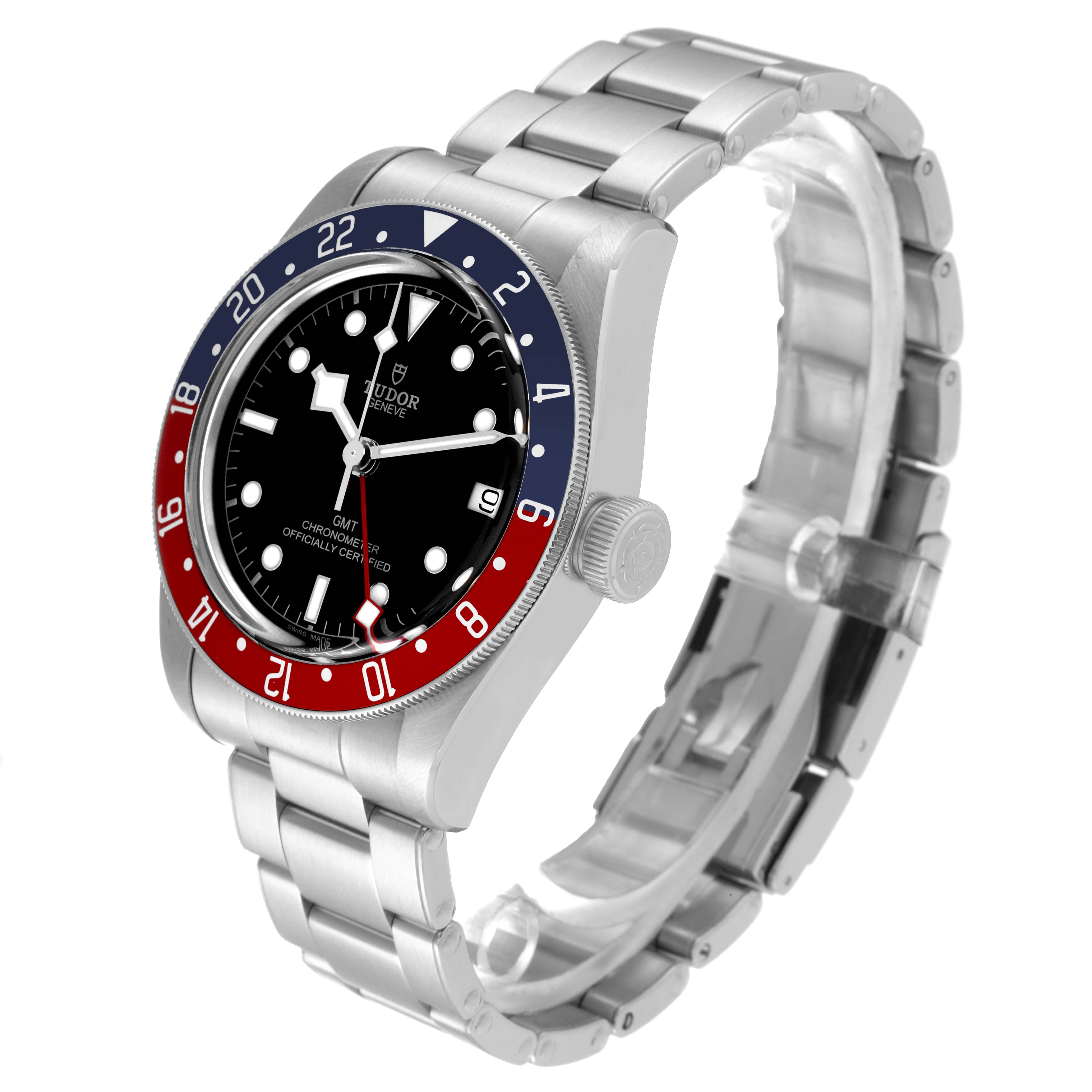 The image shows a Tudor Heritage Black Bay 79830RB Men
s Stainless Steel Black Dial 79830RB Men
s Stainless Steel Black Dial watch at a slight angle from the front, highlighting the face, case, crown, and bracelet.