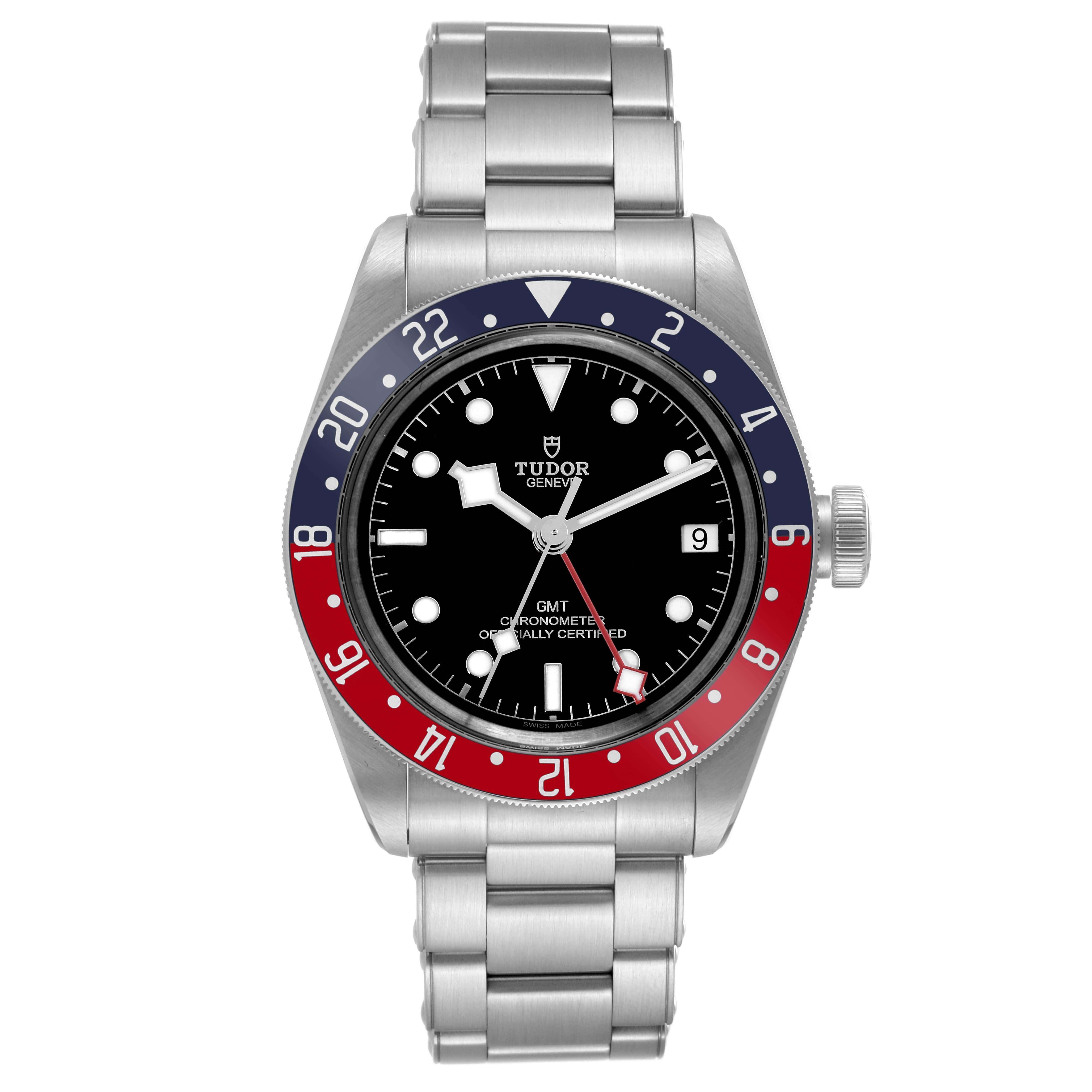 The image shows a front view of the Tudor Heritage Black Bay 79830RB Men
s Stainless Steel Black Dial 79830RB Men
s Stainless Steel Black Dial GMT watch, showcasing its dial, bezel, and stainless steel bracelet.