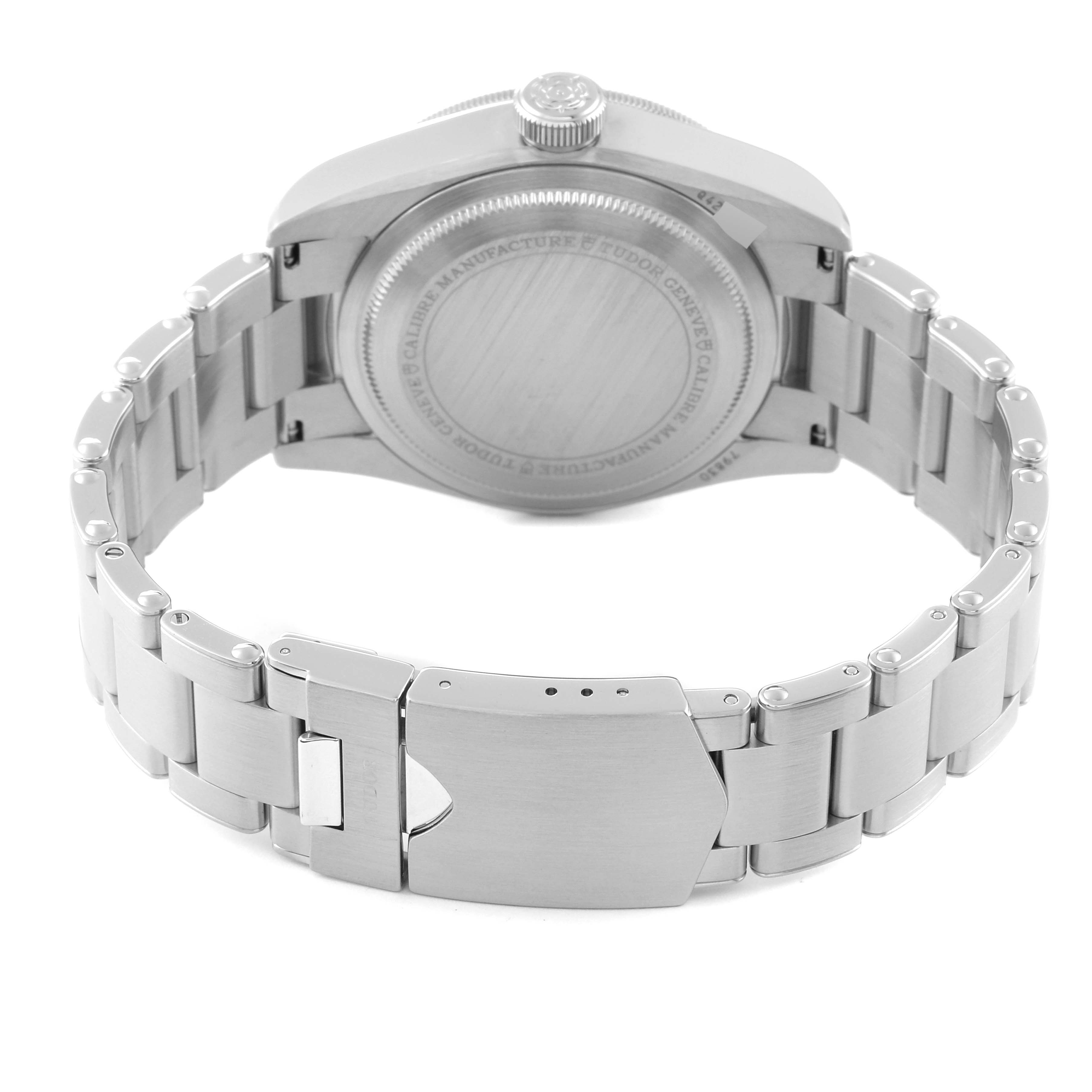 This image shows the back and bracelet of the Tudor Heritage Black Bay 79830RB Men
s Stainless Steel Black Dial 79830RB Men
s Stainless Steel Black Dial watch, including the case back and clasp.