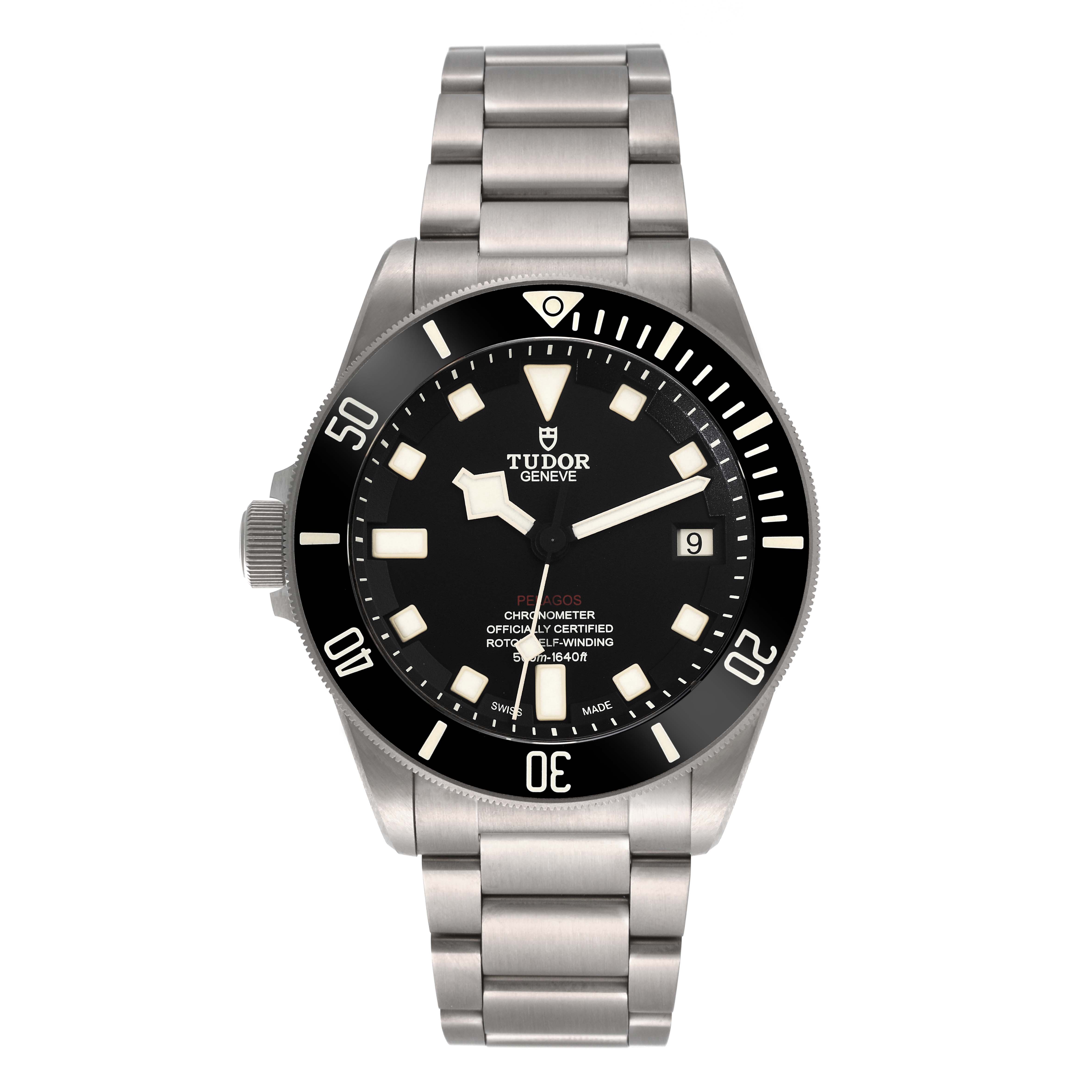 This image shows a front view of the Tudor Pelagos 25610TNL Men
s Titanium Black Dial 25610TNL Men
s Titanium Black Dial watch, including its face, bezel, and stainless steel bracelet.