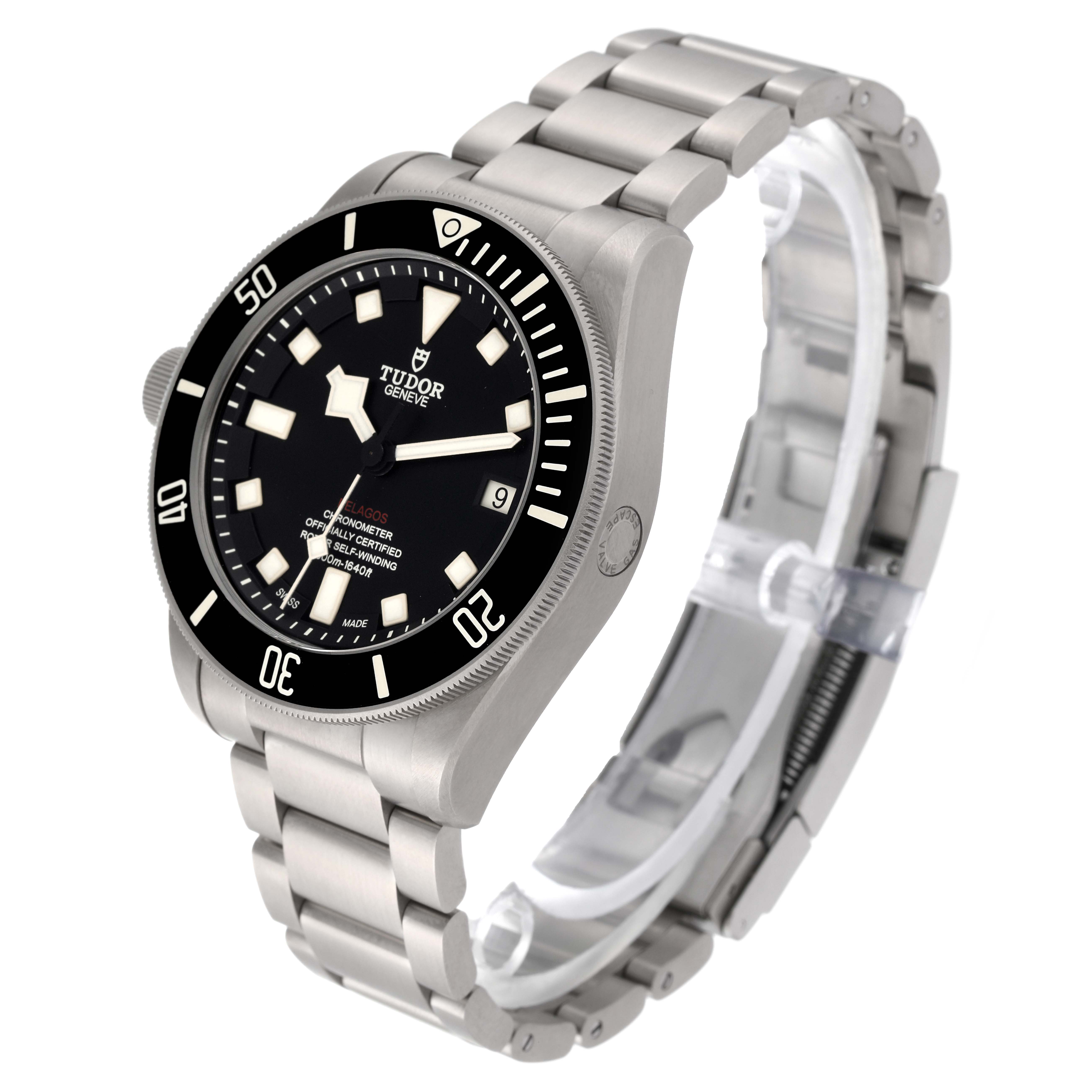 The Tudor Pelagos 25610TNL Men
s Titanium Black Dial 25610TNL Men
s Titanium Black Dial watch is shown from a front angle, displaying its face, bezel, and metal bracelet.