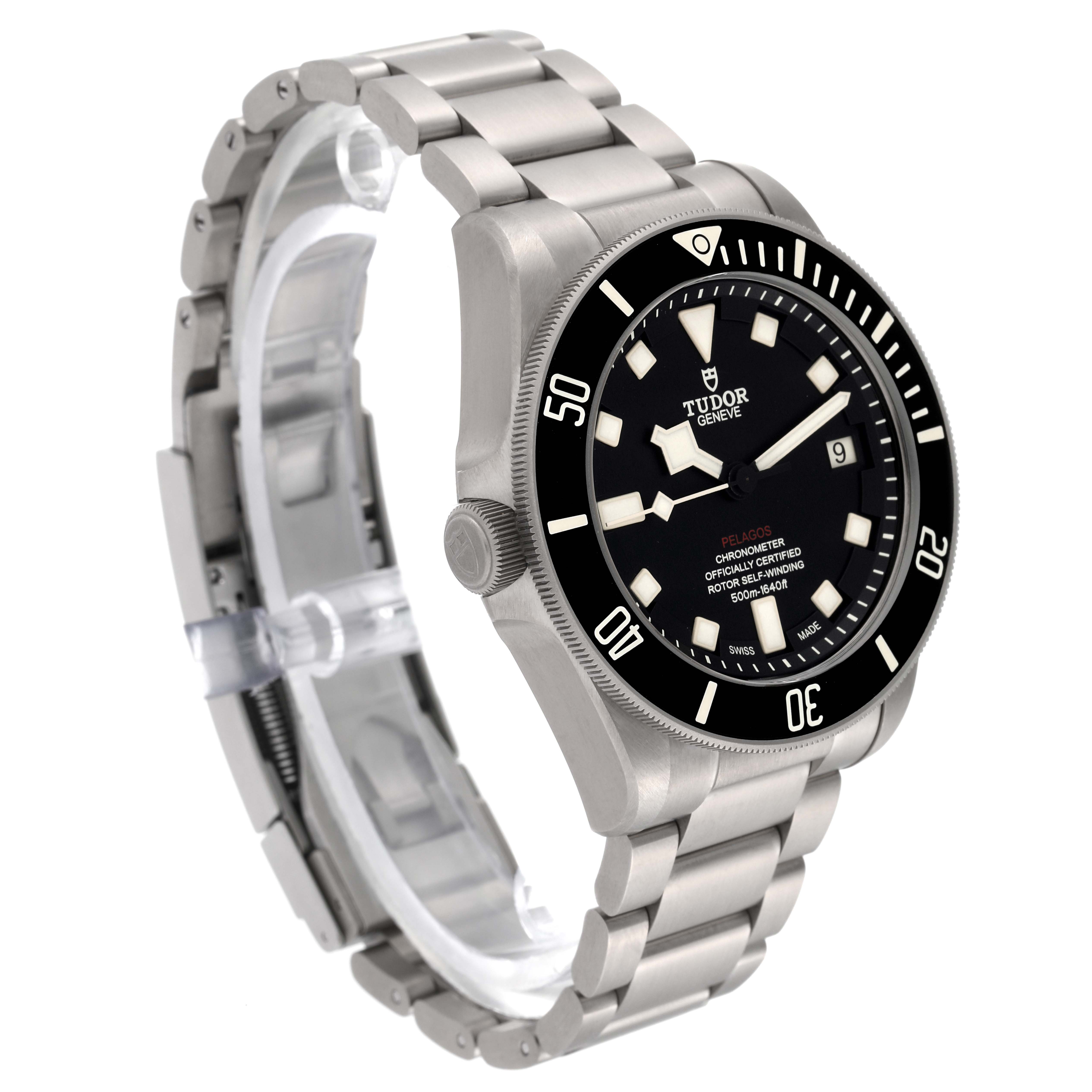 The image shows a Tudor Pelagos 25610TNL Men
s Titanium Black Dial 25610TNL Men
s Titanium Black Dial watch at a 3/4 angle, highlighting the face, bezel, crown, and metal bracelet.