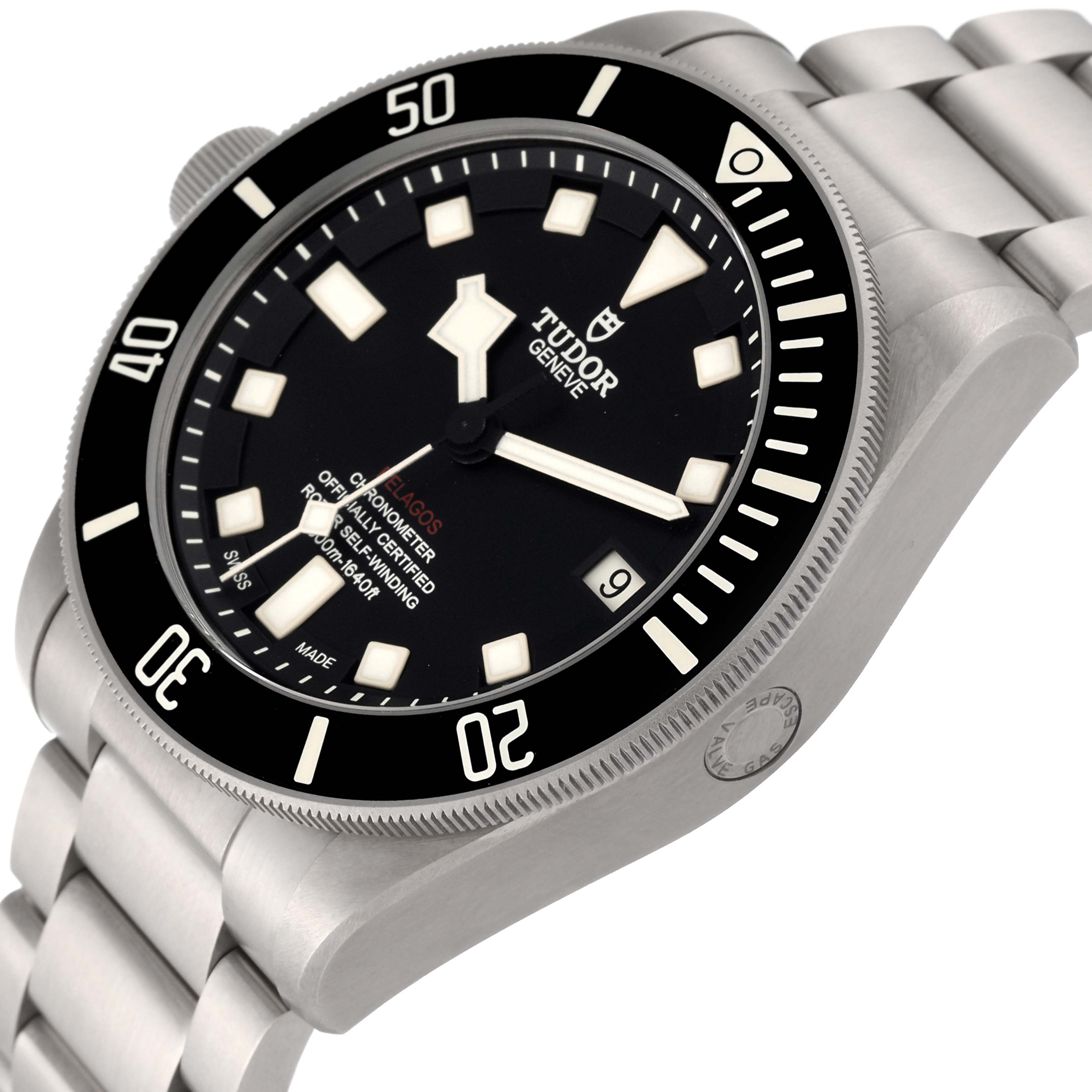 The image shows the Tudor Pelagos 25610TNL Men
s Titanium Black Dial 25610TNL Men
s Titanium Black Dial watch at a slight angle from the front, highlighting its dial, bezel, and part of the bracelet.