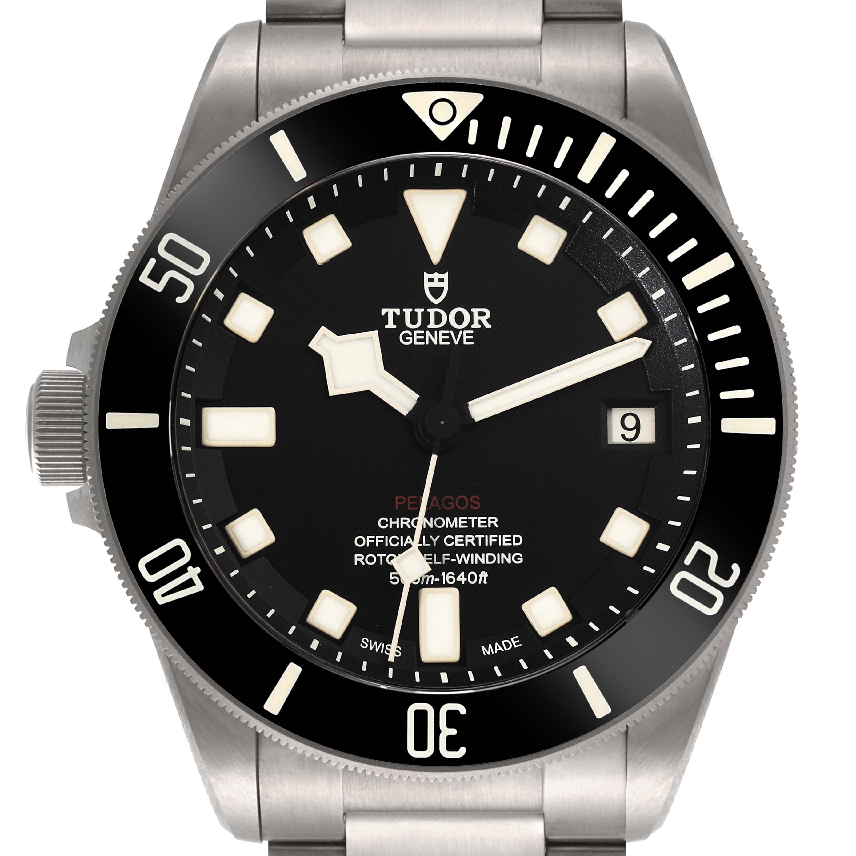 The image shows a front view of the Tudor Pelagos 25610TNL Men
s Titanium Black Dial 25610TNL Men
s Titanium Black Dial watch, focusing on the dial, bezel, and part of the bracelet.