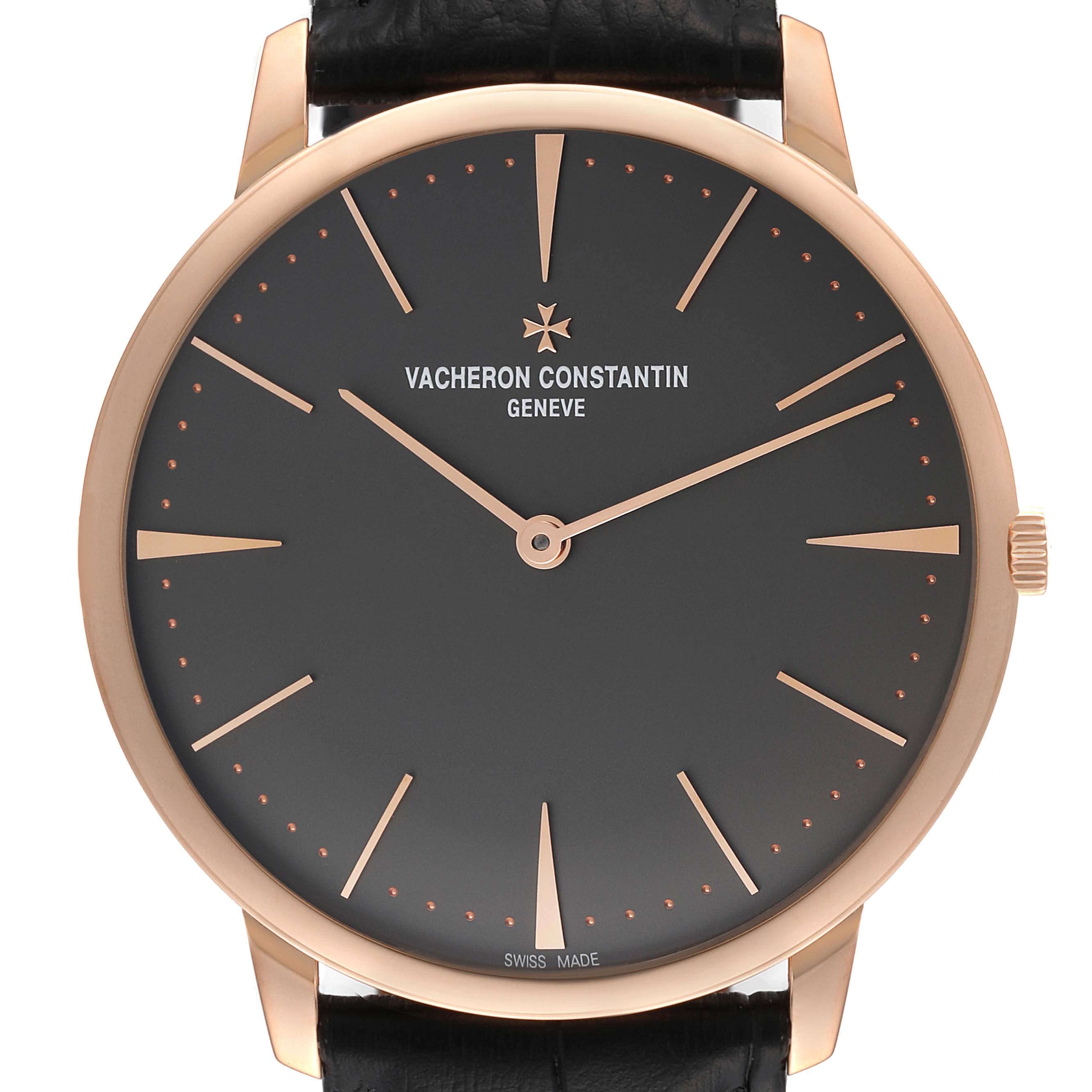 This image shows a close-up of the dial and case of a Vacheron Constantin Patrimony 81180 Men's Rose Gold Grey Dial 81180 Men's Rose Gold Grey Dial watch, highlighting the minimalist design and markers.
