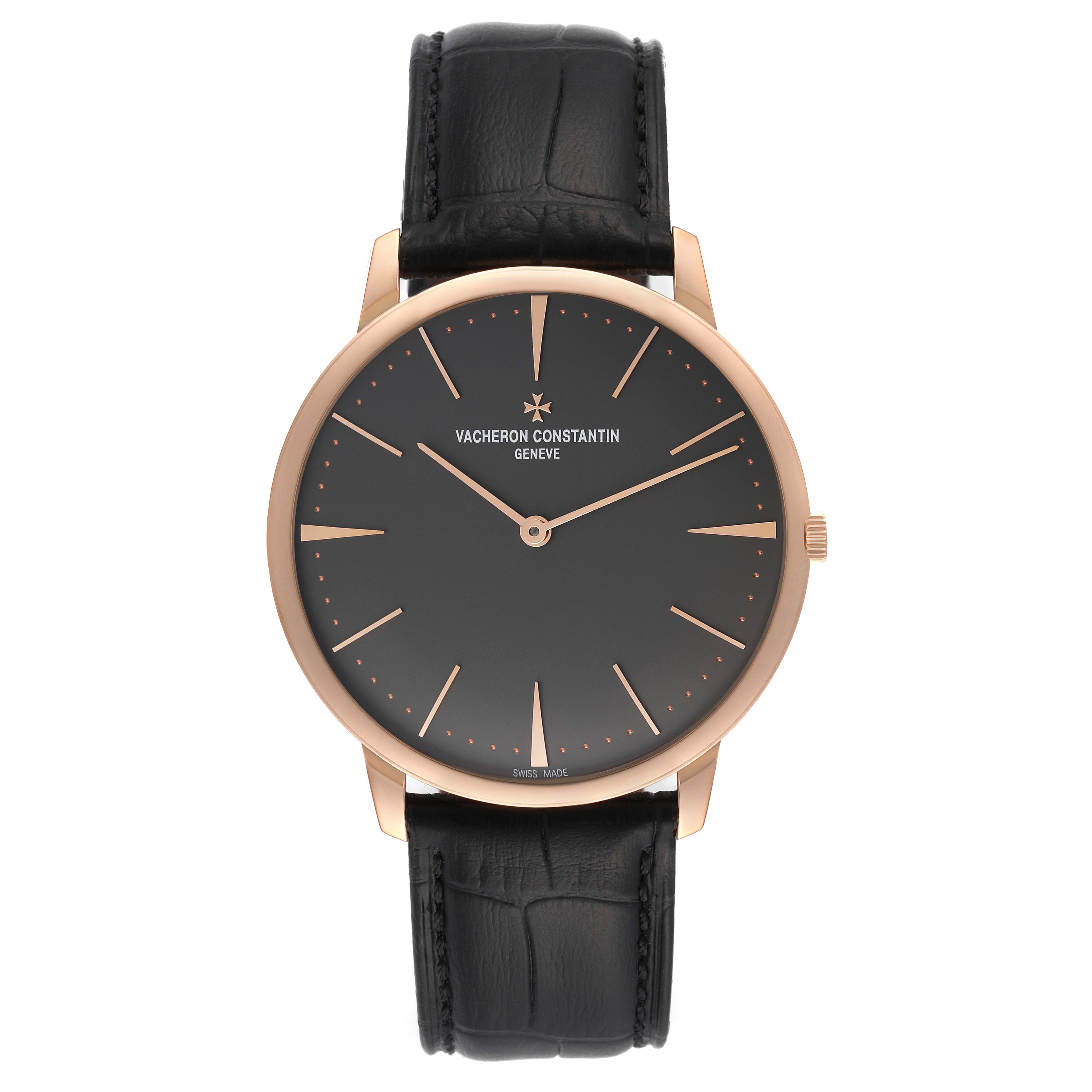 The image shows a front view of a Vacheron Constantin Patrimony 81180 Men's Rose Gold Grey Dial 81180 Men's Rose Gold Grey Dial watch with a black dial and leather strap.