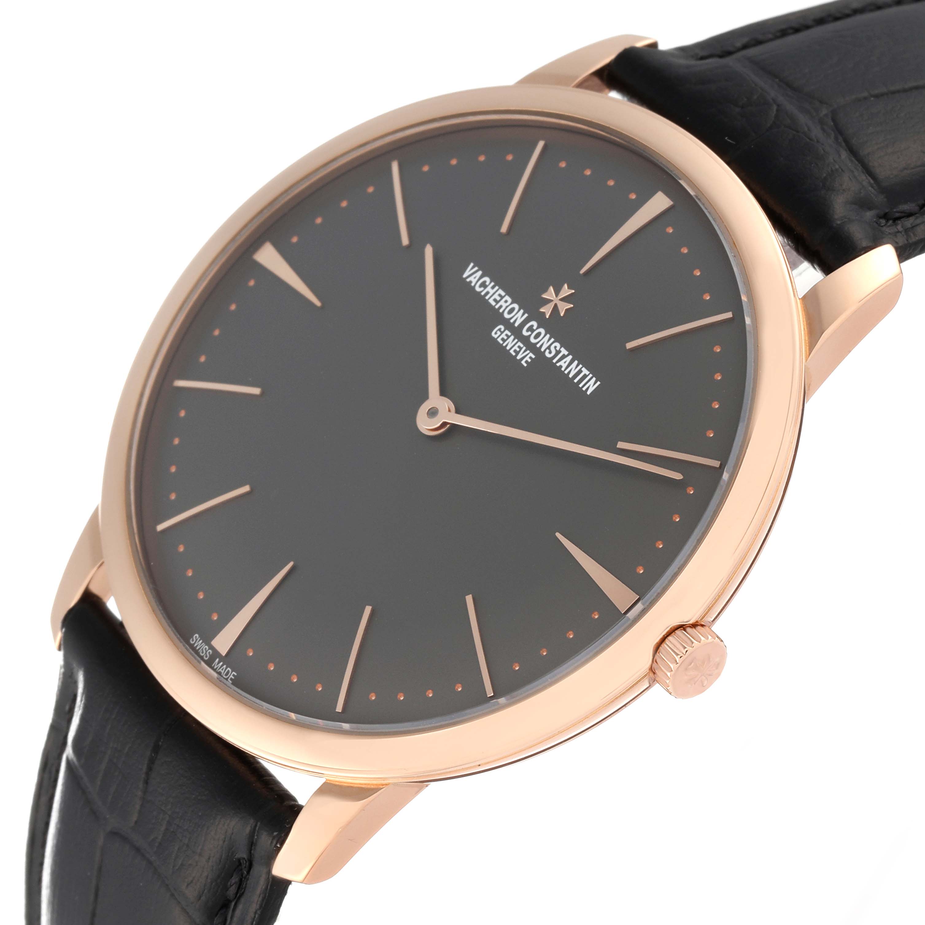 This image shows a side angle of the Vacheron Constantin Patrimony 81180 Men's Rose Gold Grey Dial 81180 Men's Rose Gold Grey Dial watch, highlighting the dial, crown, and strap.