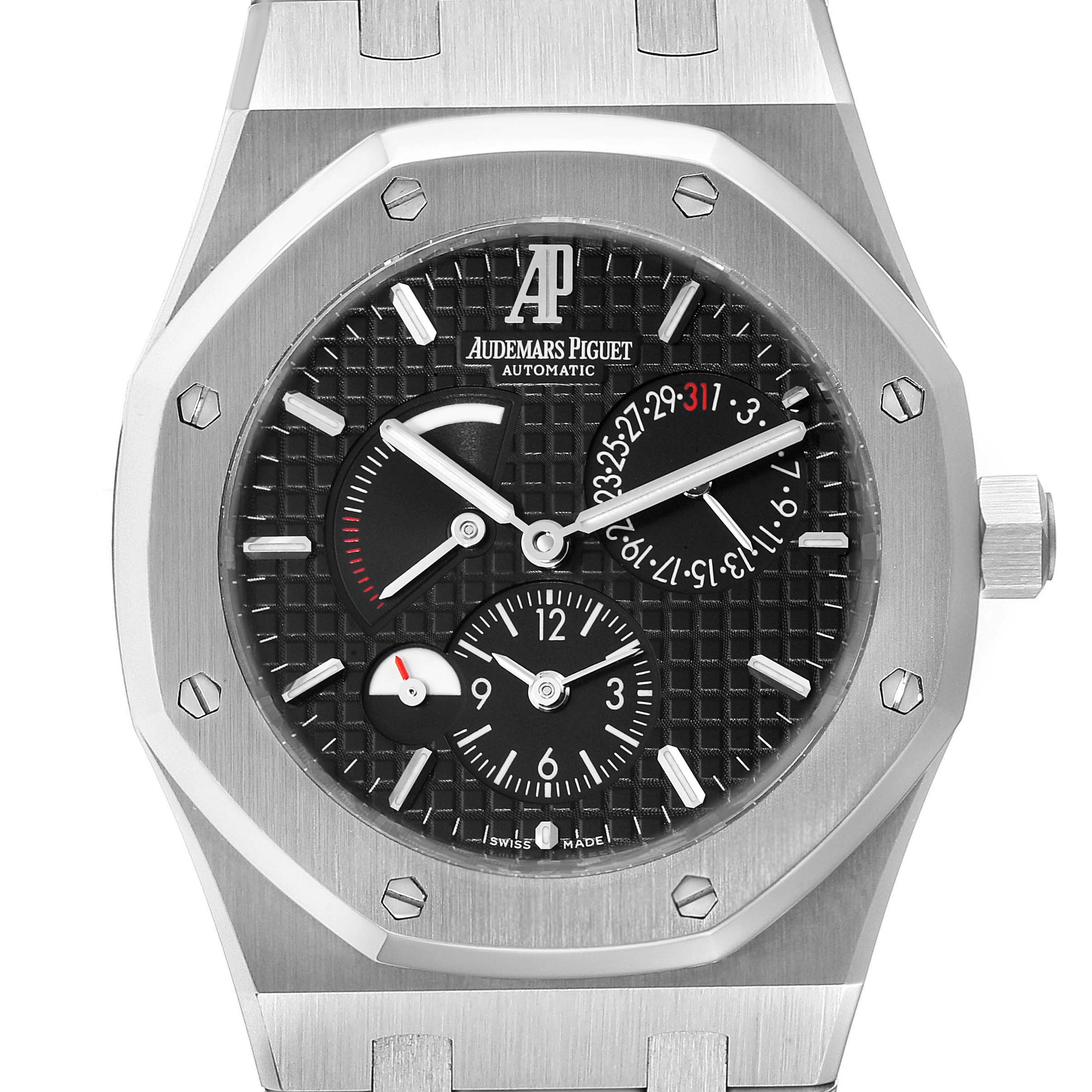 This image shows a close-up front view of the Audemars Piguet Royal Oak 26120ST.00.1220ST.03 Men's Stainless Steel Black Dial 26120ST.00.1220ST.03 Men's Stainless Steel Black Dial watch, highlighting its dial, bezel, and bracelet.