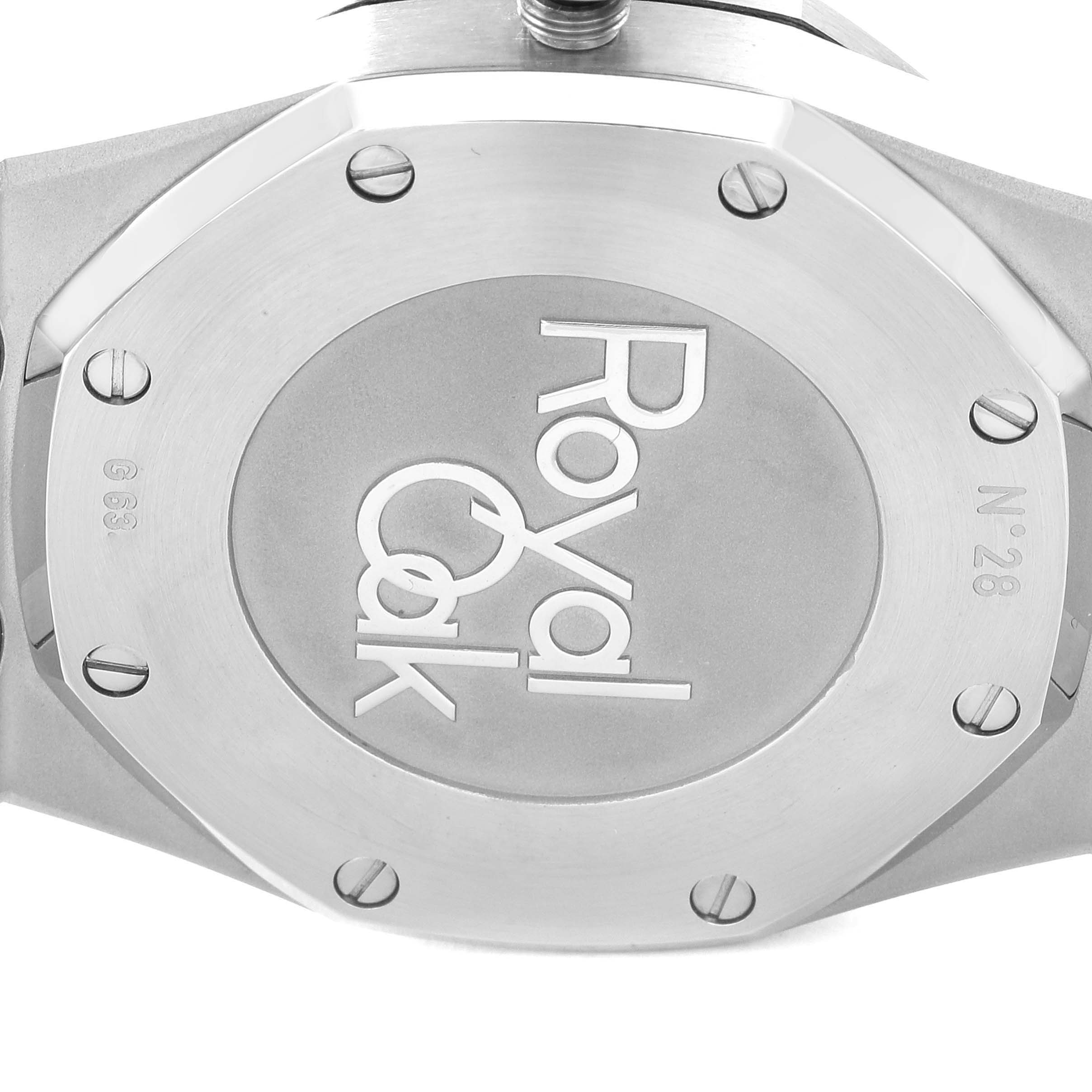 This image shows the back case of an Audemars Piguet Royal Oak 26120ST.00.1220ST.03 Men's Stainless Steel Black Dial 26120ST.00.1220ST.03 Men's Stainless Steel Black Dial watch with the brand logo and serial number visible.