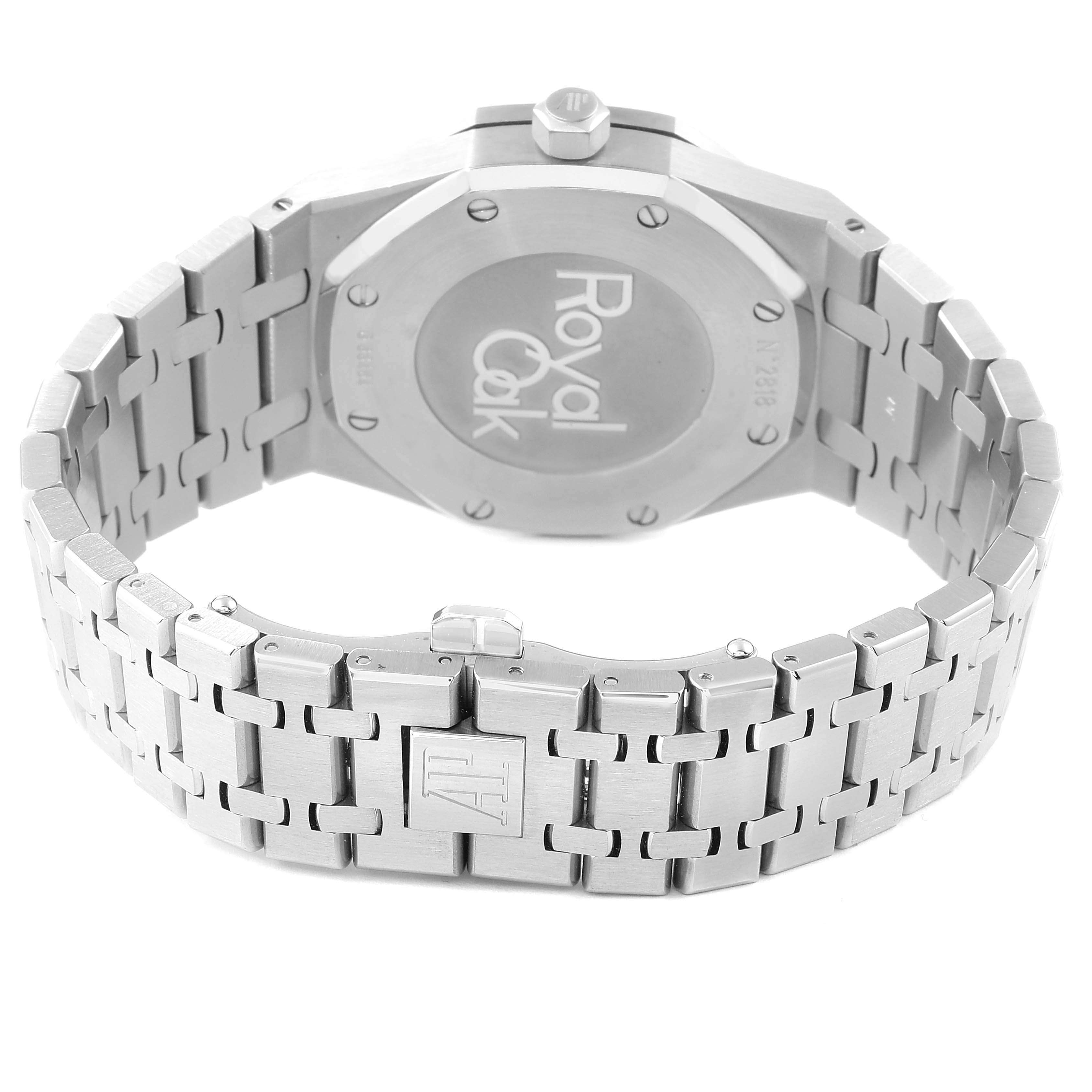 This image shows the back and bracelet of an Audemars Piguet Royal Oak 26120ST.00.1220ST.03 Men's Stainless Steel Black Dial 26120ST.00.1220ST.03 Men's Stainless Steel Black Dial watch.