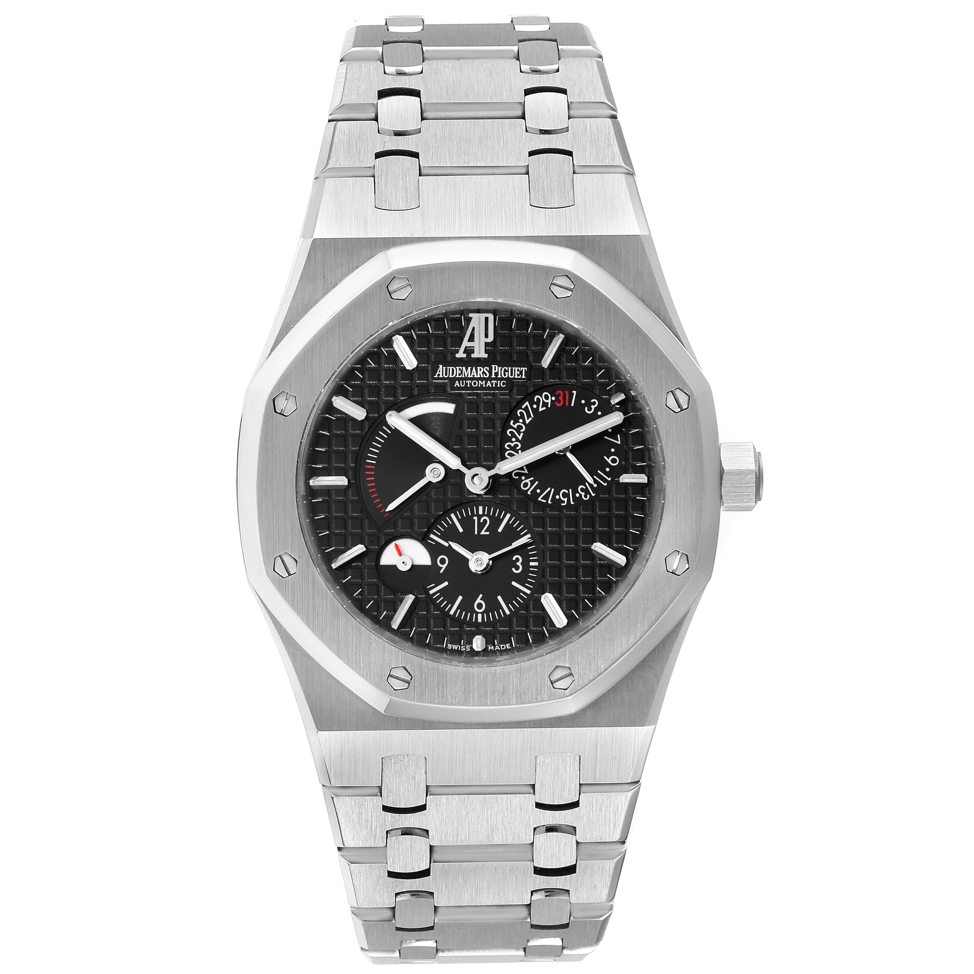 This image shows the full face and bracelet of the Audemars Piguet Royal Oak 26120ST.00.1220ST.03 Men's Stainless Steel Black Dial 26120ST.00.1220ST.03 Men's Stainless Steel Black Dial watch from a front angle.