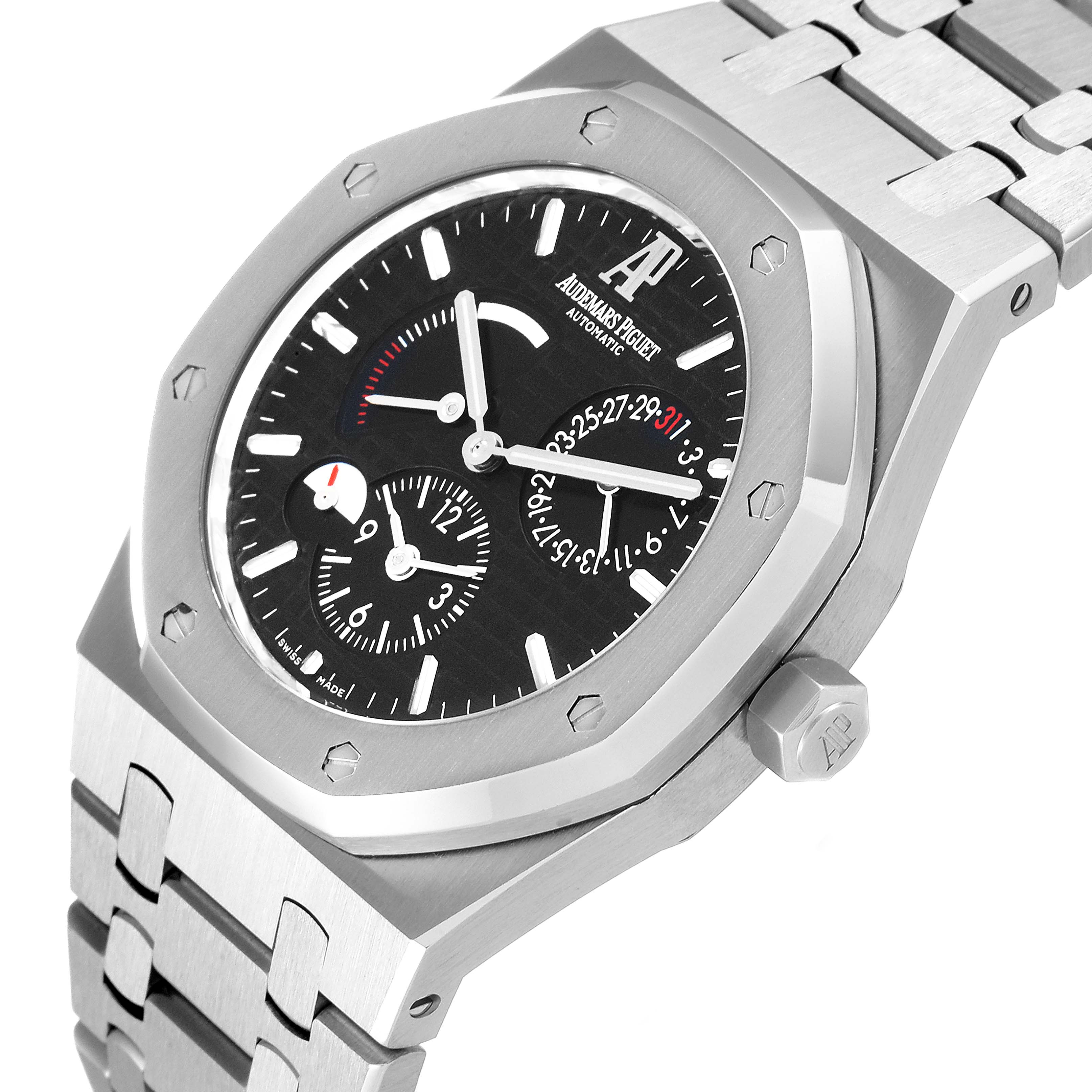 The image shows a close-up angle of the Audemars Piguet Royal Oak 26120ST.00.1220ST.03 Men's Stainless Steel Black Dial 26120ST.00.1220ST.03 Men's Stainless Steel Black Dial watch, highlighting the dial, bezel, bracelet, and crown.