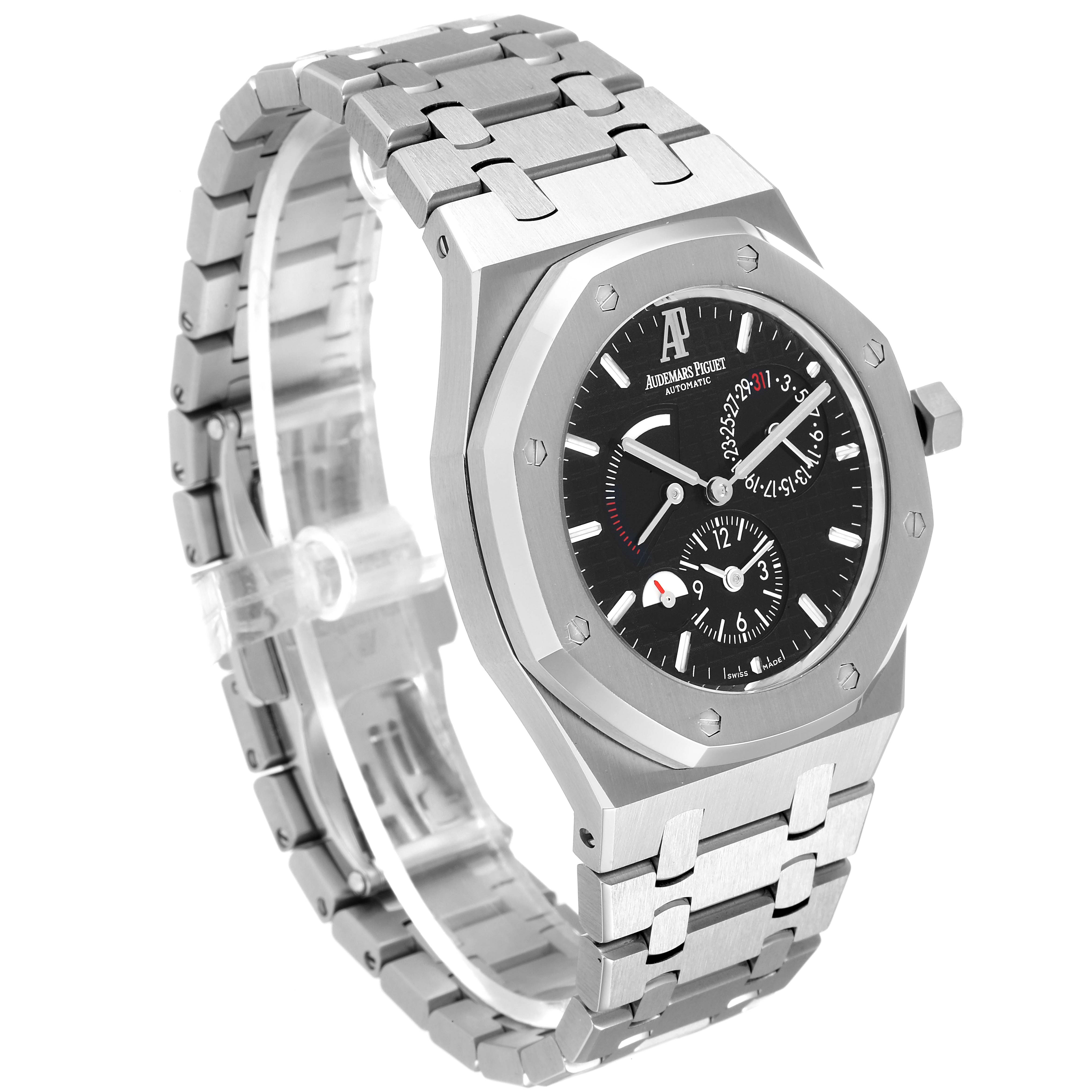 The Audemars Piguet Royal Oak 26120ST.00.1220ST.03 Men's Stainless Steel Black Dial 26120ST.00.1220ST.03 Men's Stainless Steel Black Dial watch is shown at a slight angle, highlighting its face, bezel, and metal bracelet.