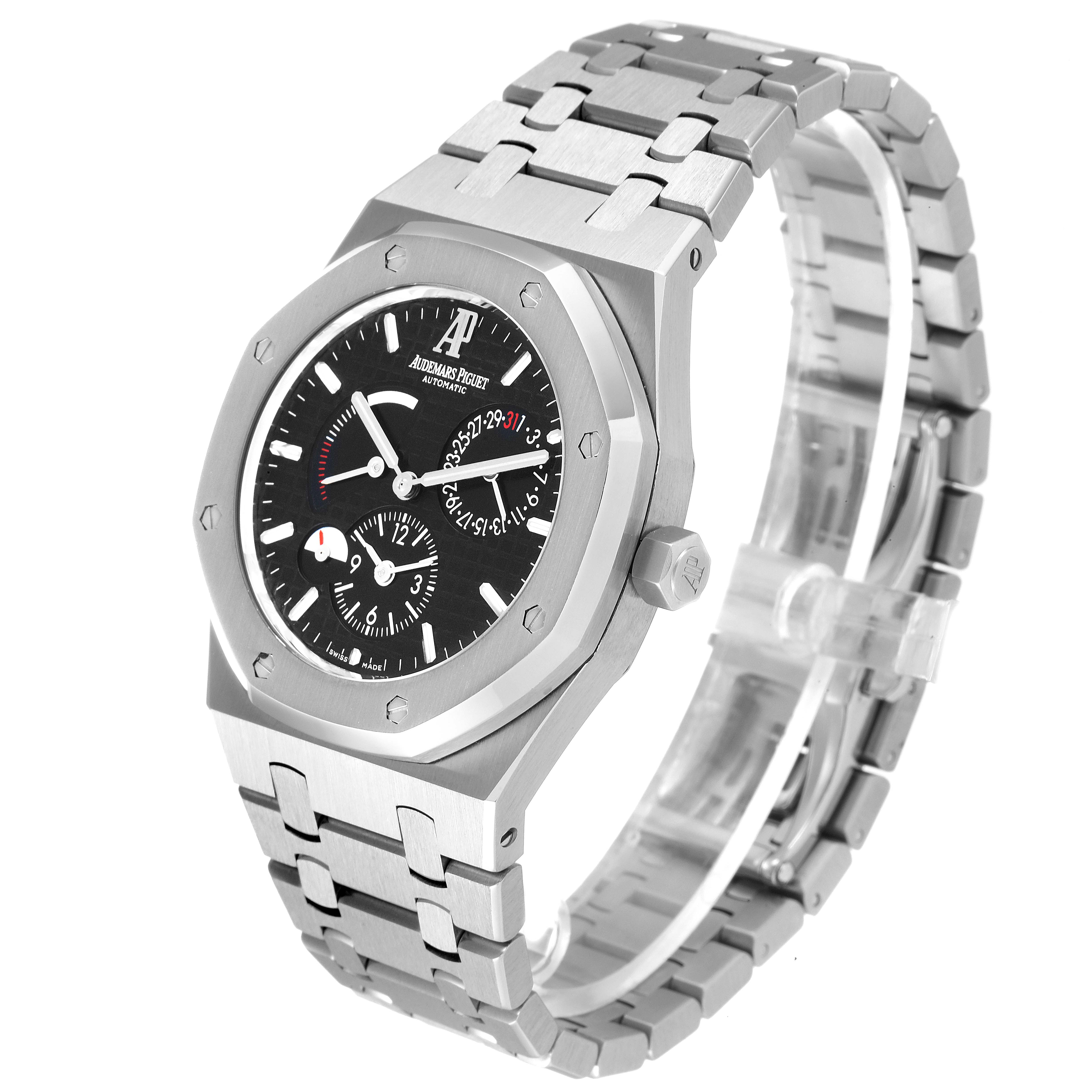 The image shows a side view of an Audemars Piguet Royal Oak 26120ST.00.1220ST.03 Men's Stainless Steel Black Dial 26120ST.00.1220ST.03 Men's Stainless Steel Black Dial watch, focusing on the dial, bezel, and bracelet.