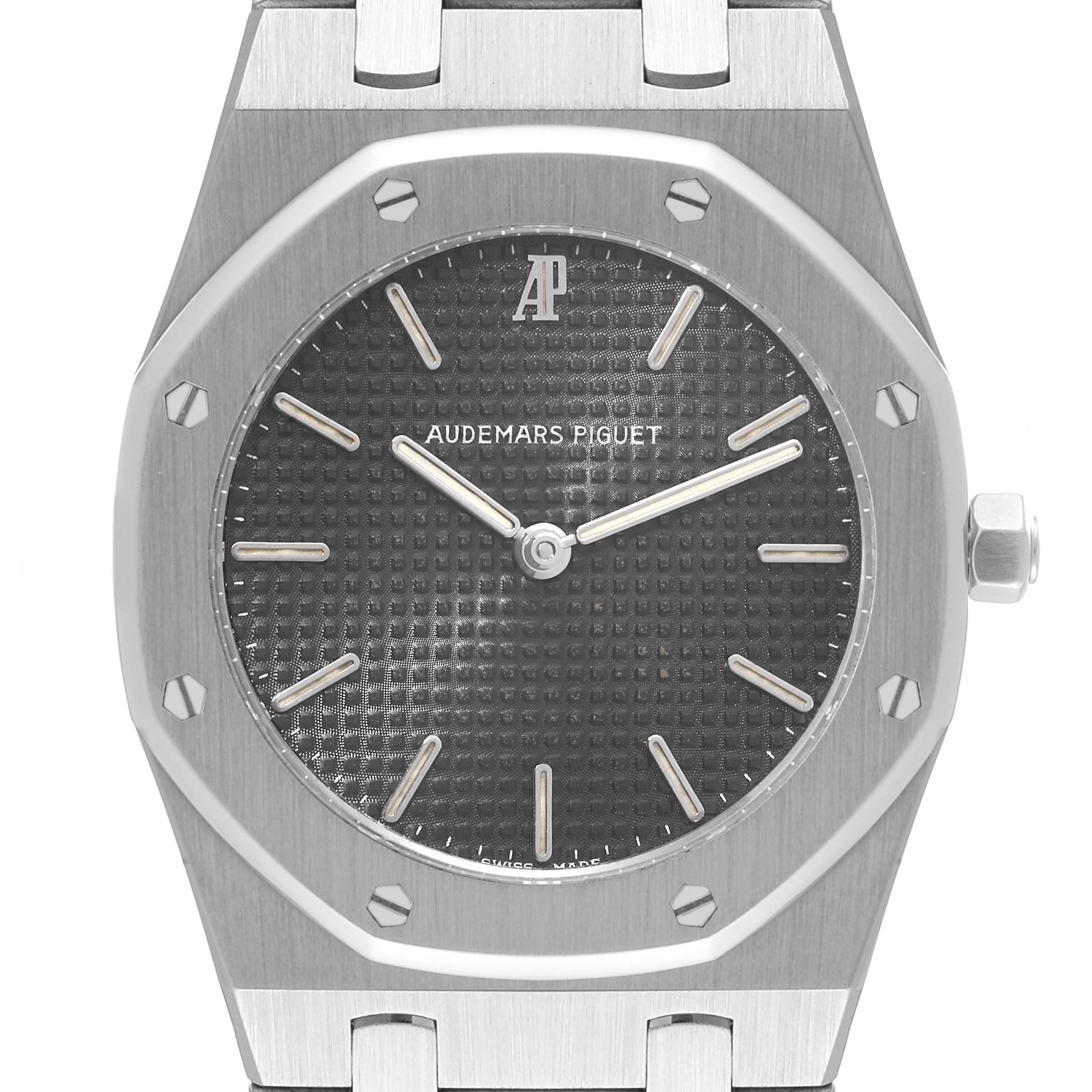 The image shows a front view of an Audemars Piguet Royal Oak 56271ST Men's Stainless Steel Black Dial 56271ST Men's Stainless Steel Black Dial watch, highlighting its octagonal bezel and face.