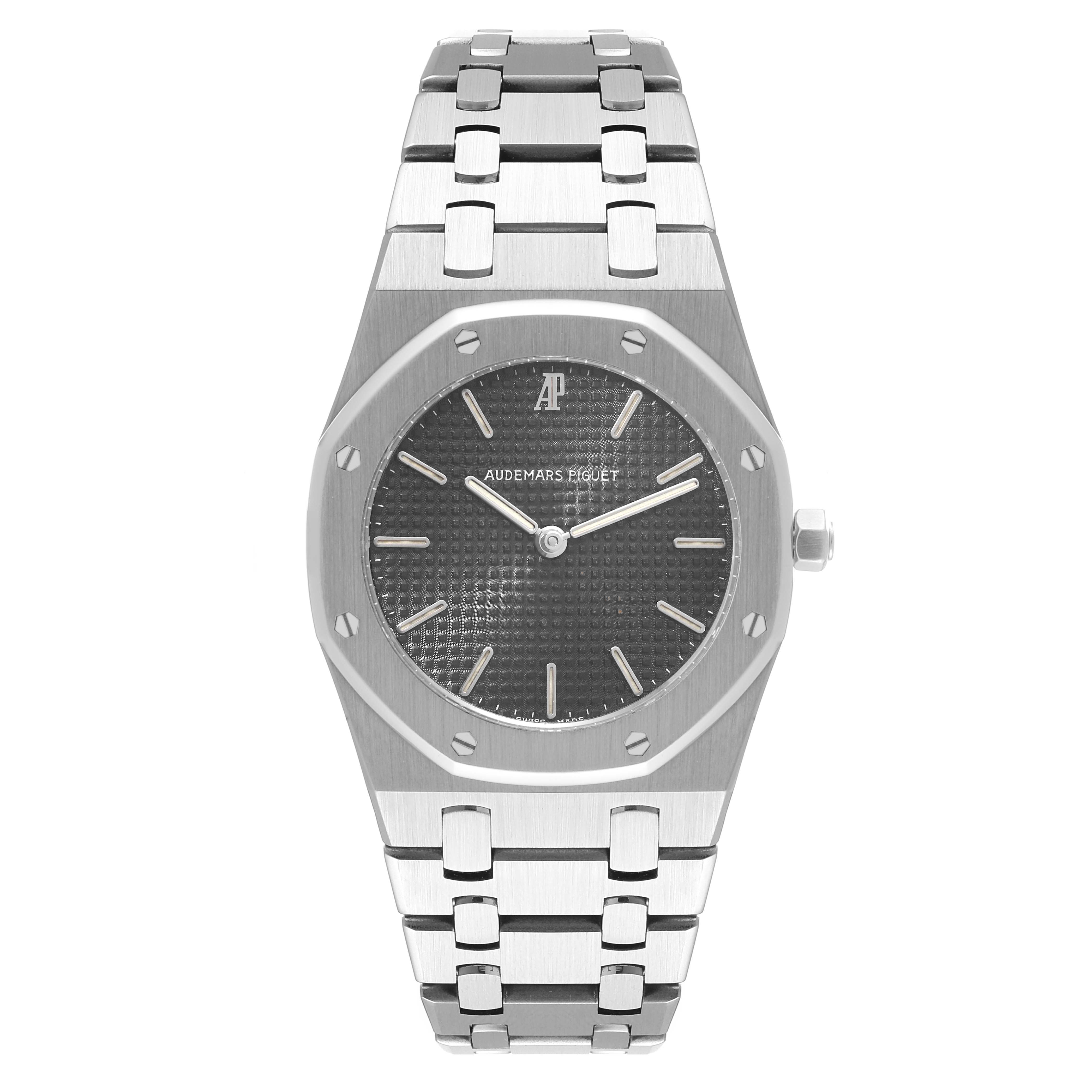 This image shows a front view of the Audemars Piguet Royal Oak 56271ST Men's Stainless Steel Black Dial 56271ST Men's Stainless Steel Black Dial watch, displaying its face, bezel, and bracelet.