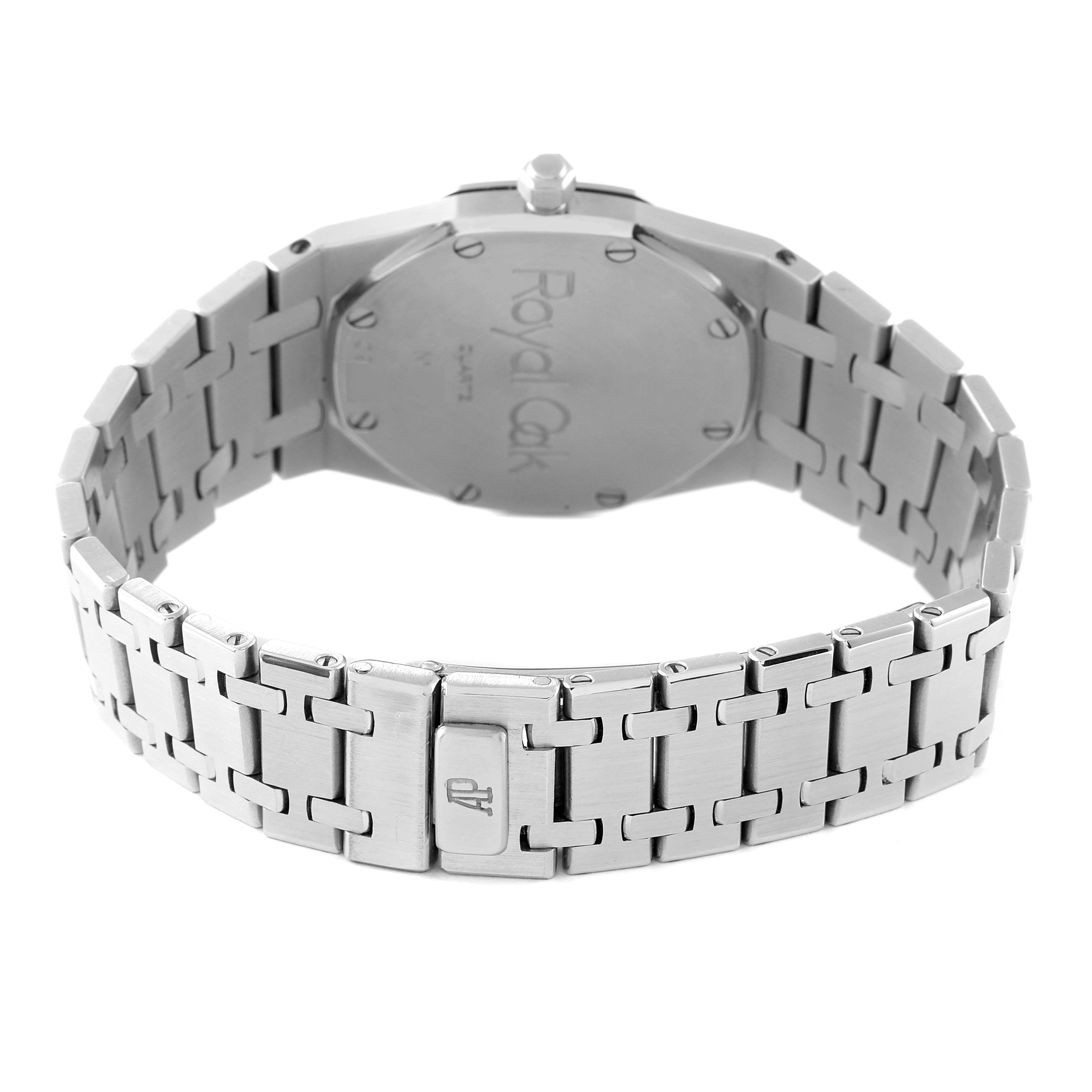 The image shows the back of the Audemars Piguet Royal Oak 56271ST Men's Stainless Steel Black Dial 56271ST Men's Stainless Steel Black Dial watch with its bracelet and clasp.