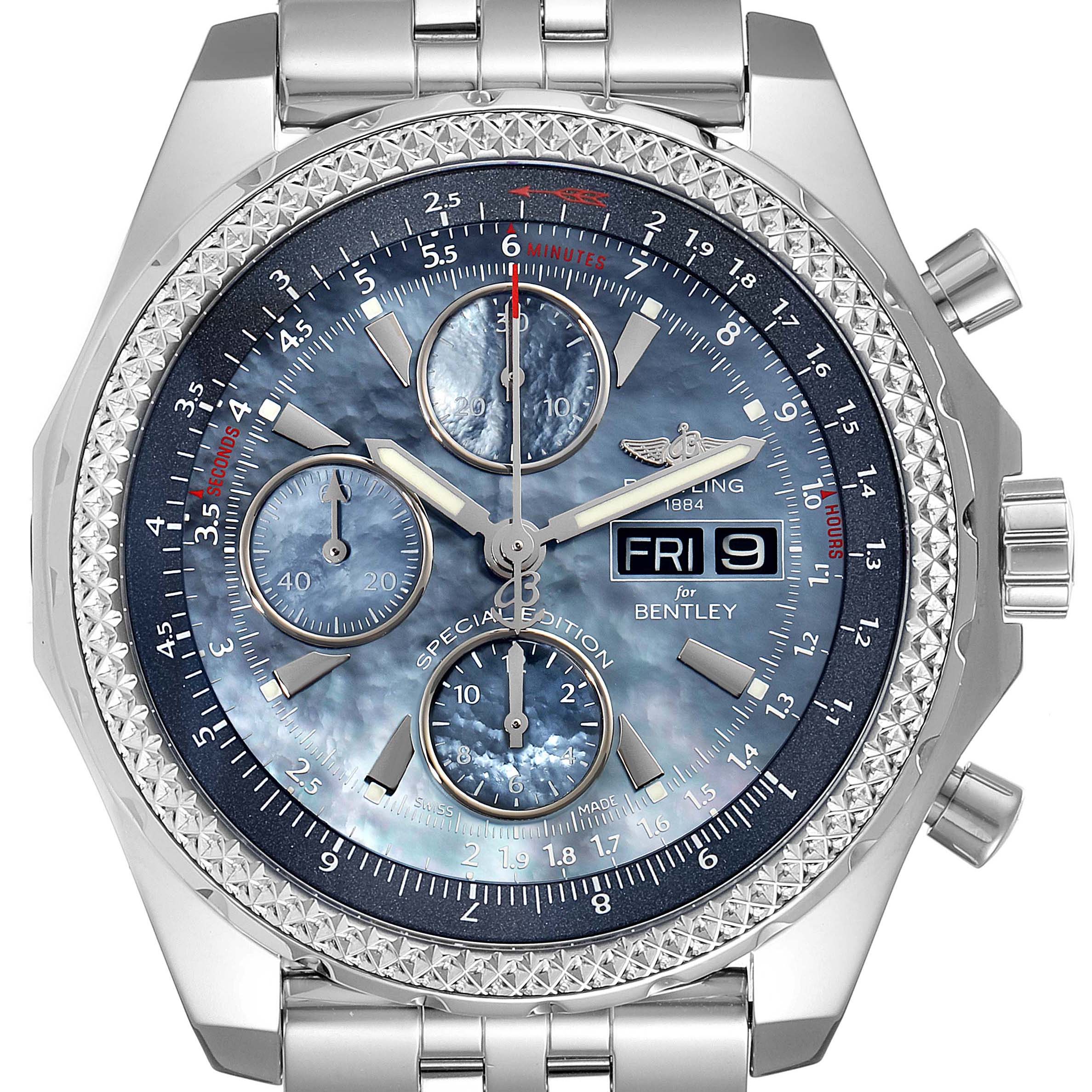The image shows a frontal view of a Breitling Bentley A13362 Men's Stainless Steel Mother of Pearl Dial A13362 Men's Stainless Steel Mother of Pearl Dial model watch, highlighting the dial, bezel, and pushers.