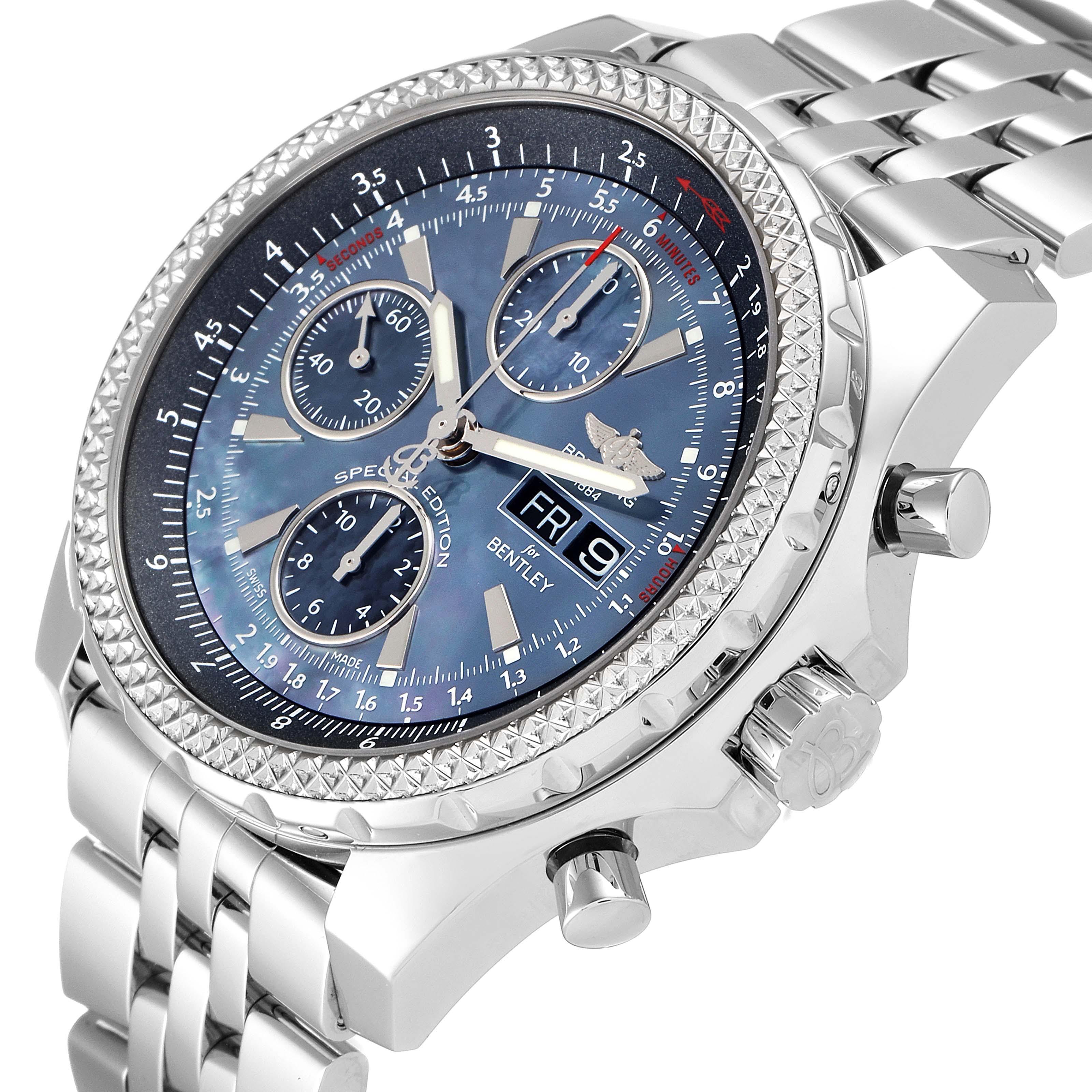 The image shows a close-up, angled view of the face, bezel, and bracelet of a Bentley Breitling watch.