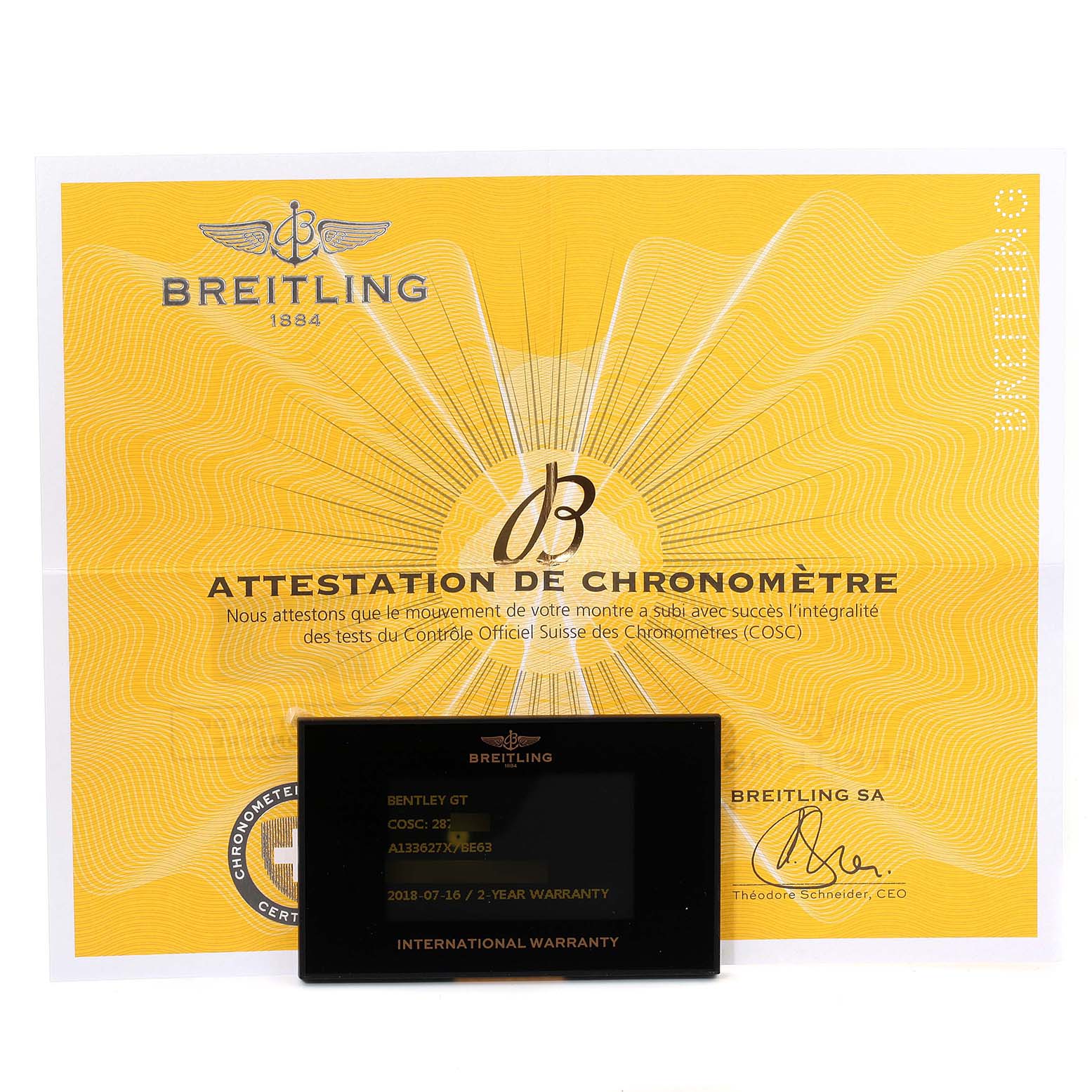 The image shows the certification card and warranty card for a Breitling Bentley A13362 Men's Stainless Steel Mother of Pearl Dial A13362 Men's Stainless Steel Mother of Pearl Dial model watch.