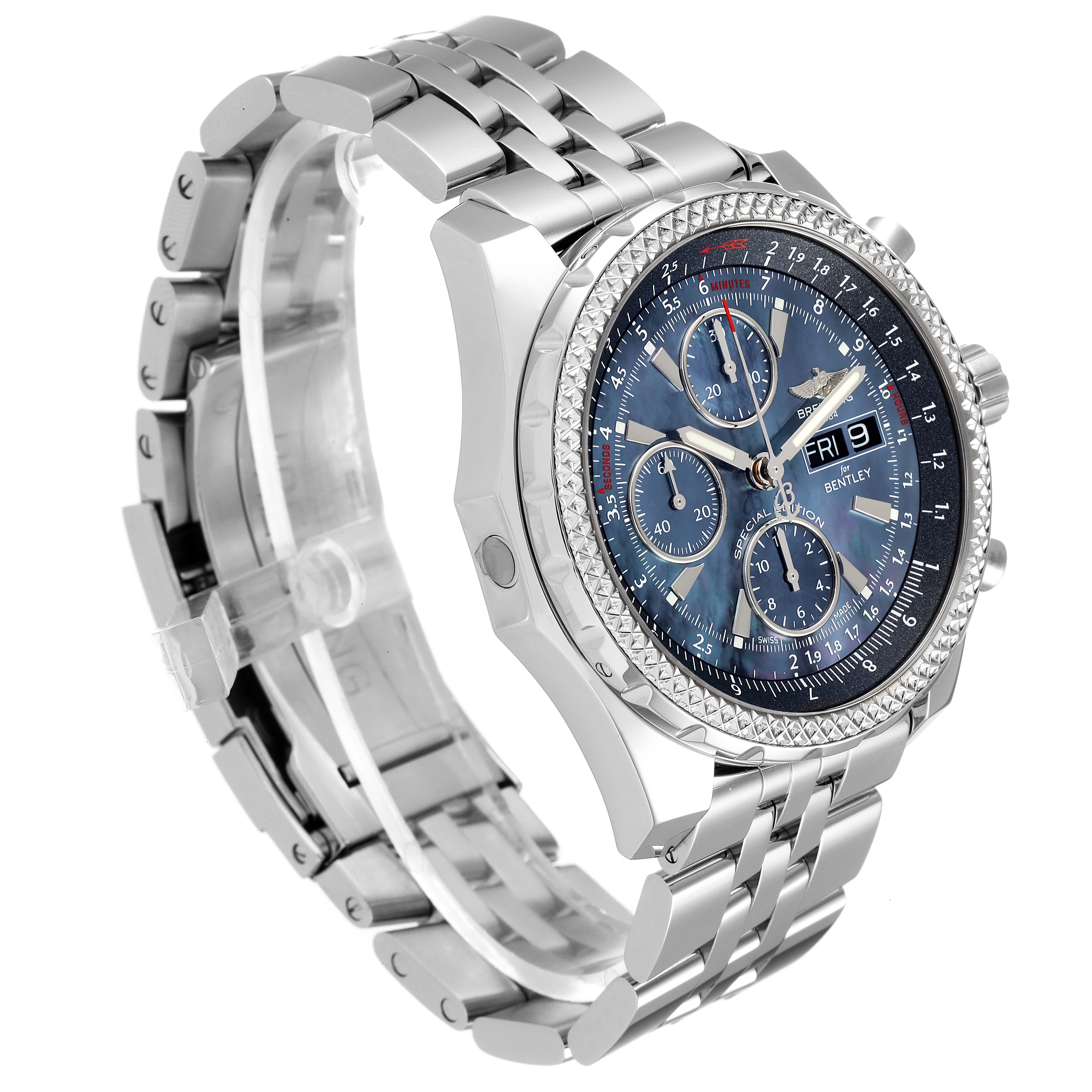 The Breitling Bentley A13362 Men's Stainless Steel Mother of Pearl Dial A13362 Men's Stainless Steel Mother of Pearl Dial watch is shown at a side angle, highlighting the face, bezel, and linked metal bracelet.