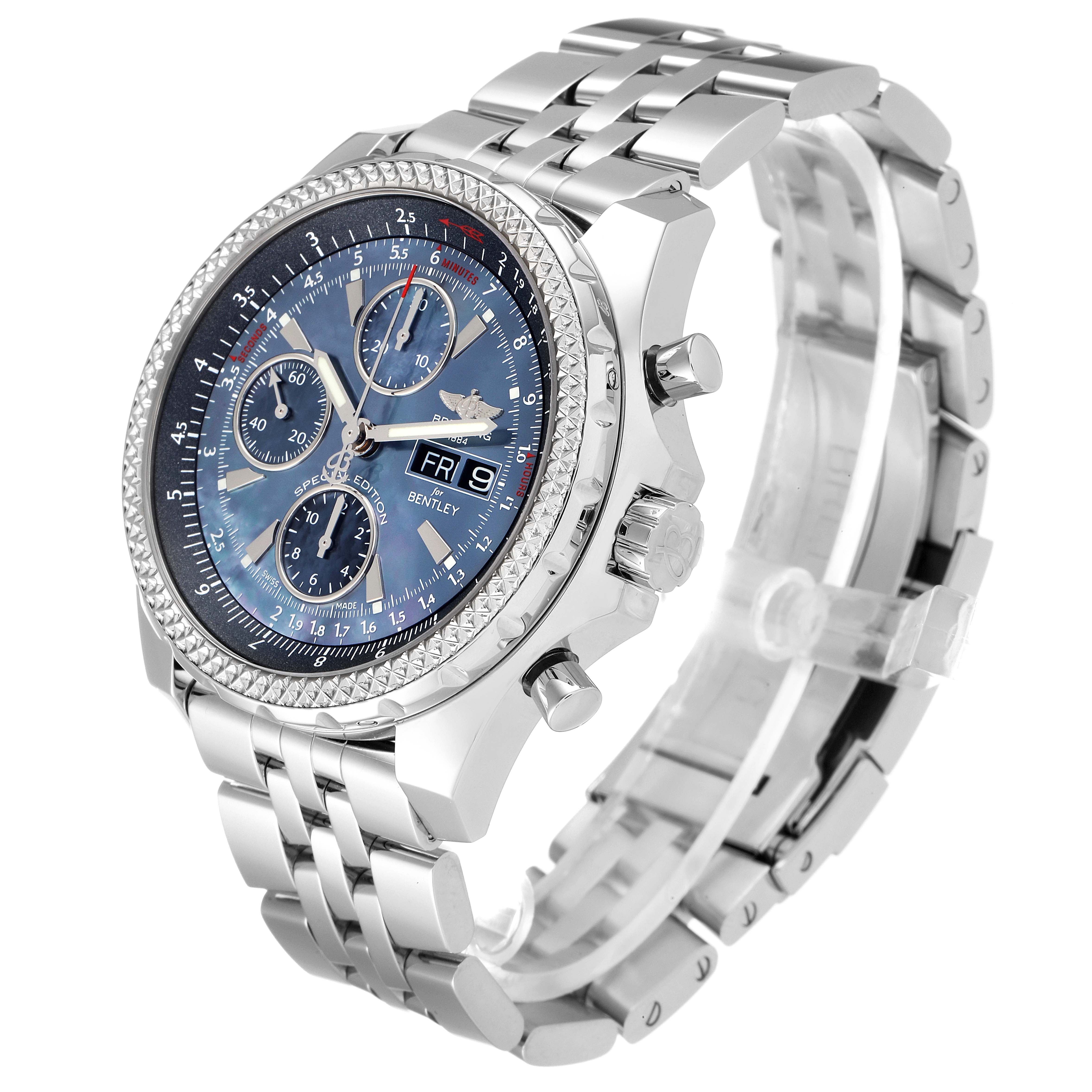 The Breitling Bentley A13362 Men's Stainless Steel Mother of Pearl Dial A13362 Men's Stainless Steel Mother of Pearl Dial watch is shown at a three-quarter angle, highlighting its face, bezel, and metal bracelet.