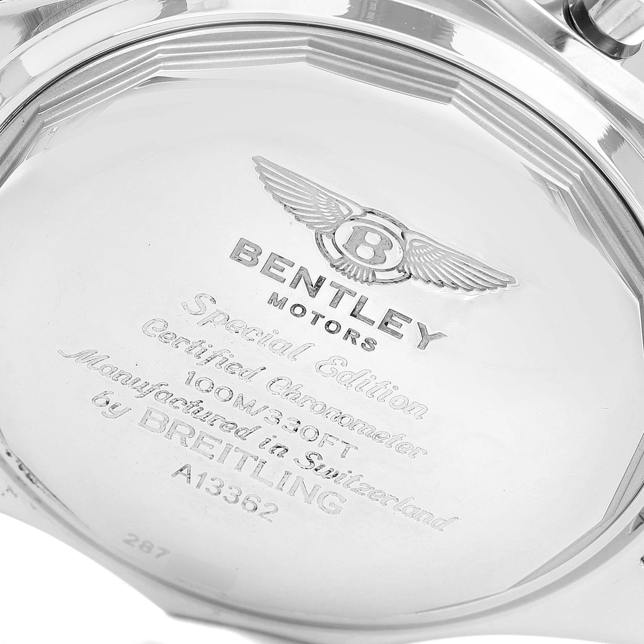 The image shows the back case of a Bentley model by Breitling, highlighting engravings and logo details.