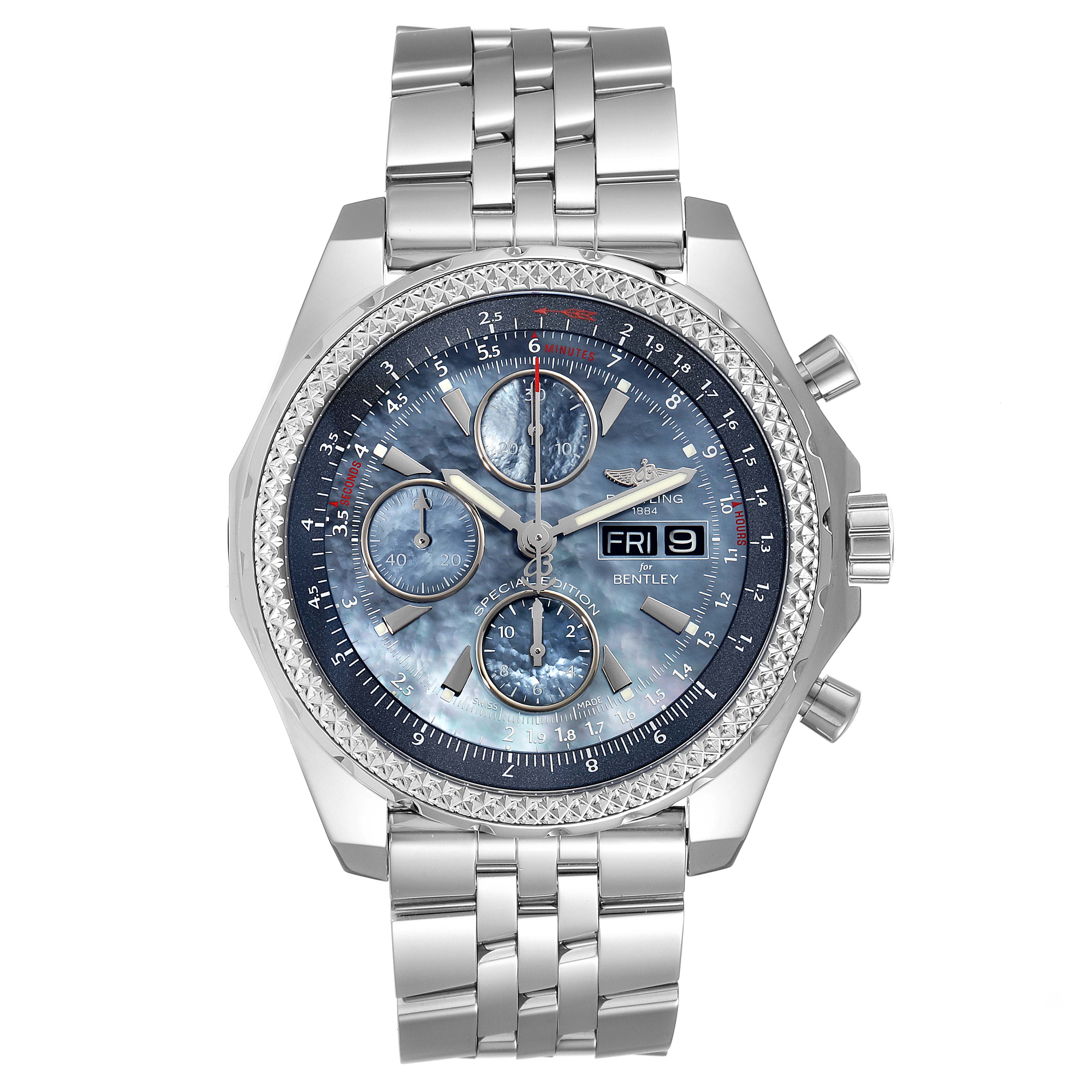 The image shows a frontal view of the Breitling Bentley A13362 Men's Stainless Steel Mother of Pearl Dial A13362 Men's Stainless Steel Mother of Pearl Dial watch, displaying its face, bezel, and bracelet.