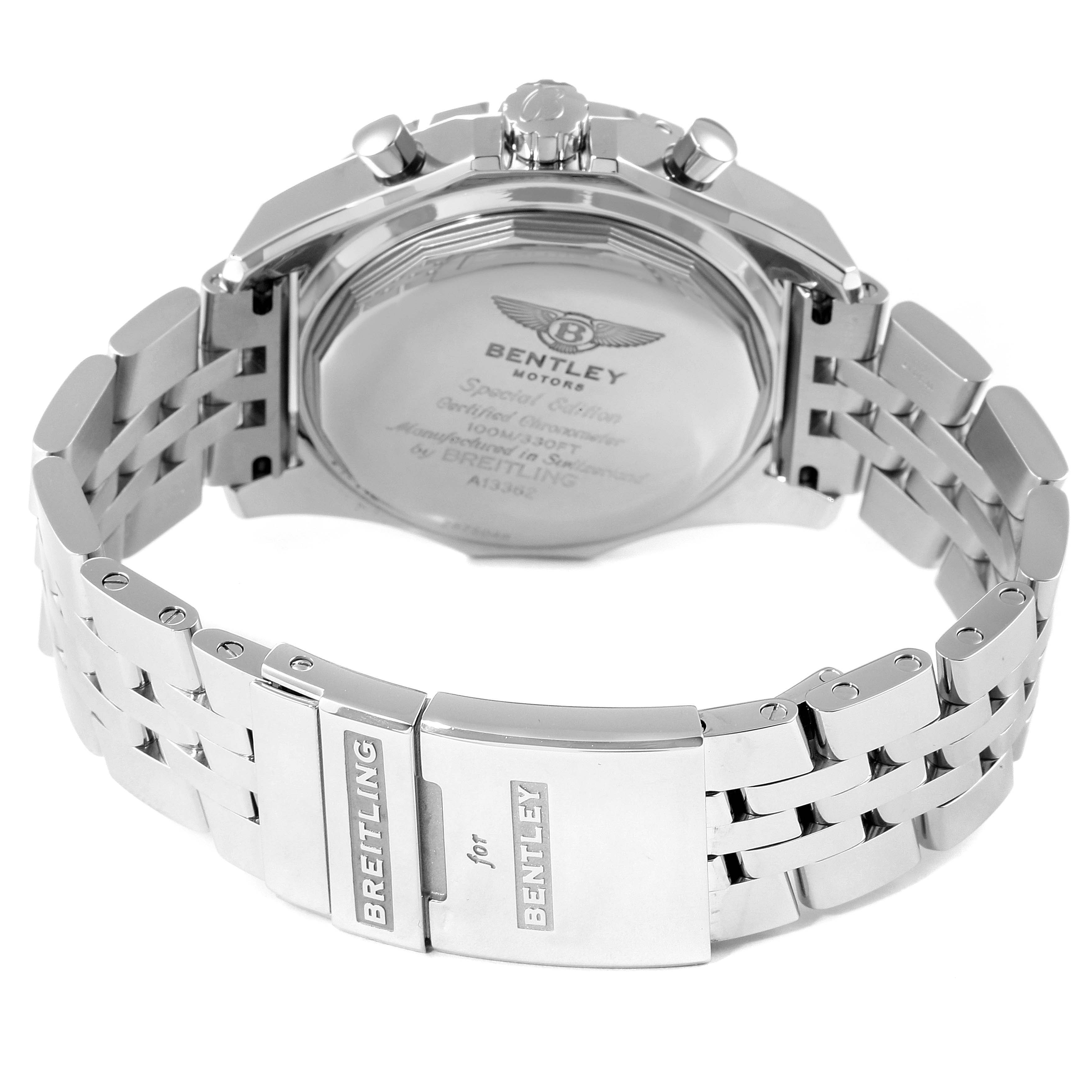 The image shows the back and clasp of a Breitling Bentley A13362 Men's Stainless Steel Mother of Pearl Dial A13362 Men's Stainless Steel Mother of Pearl Dial model watch from a rear angle.