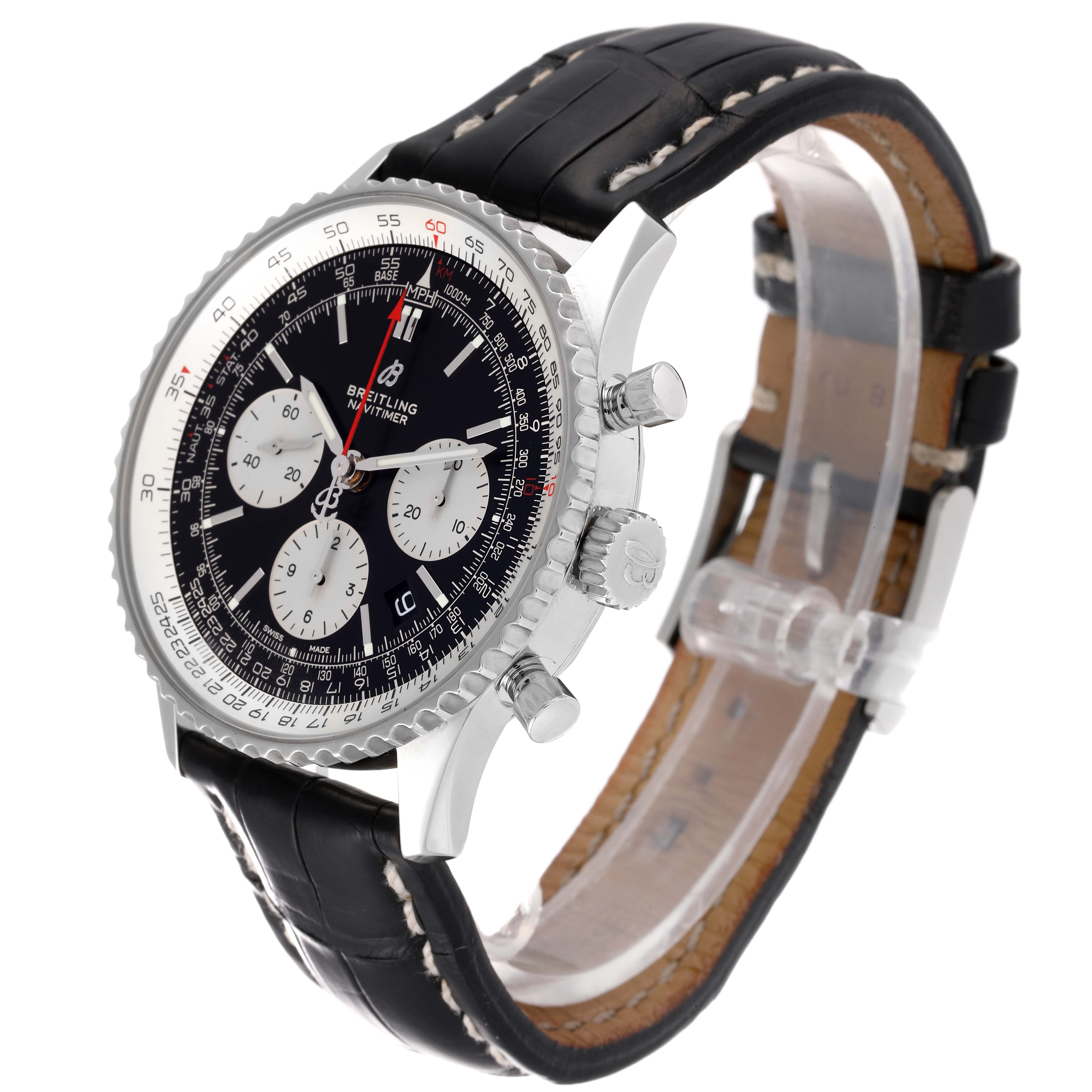 The Breitling Navitimer AB0121 Men's Stainless Steel Black Dial AB0121 Men's Stainless Steel Black Dial watch is shown at a three-quarter angle, displaying the face, bezel, crown, chronograph pushers, and black leather strap.
