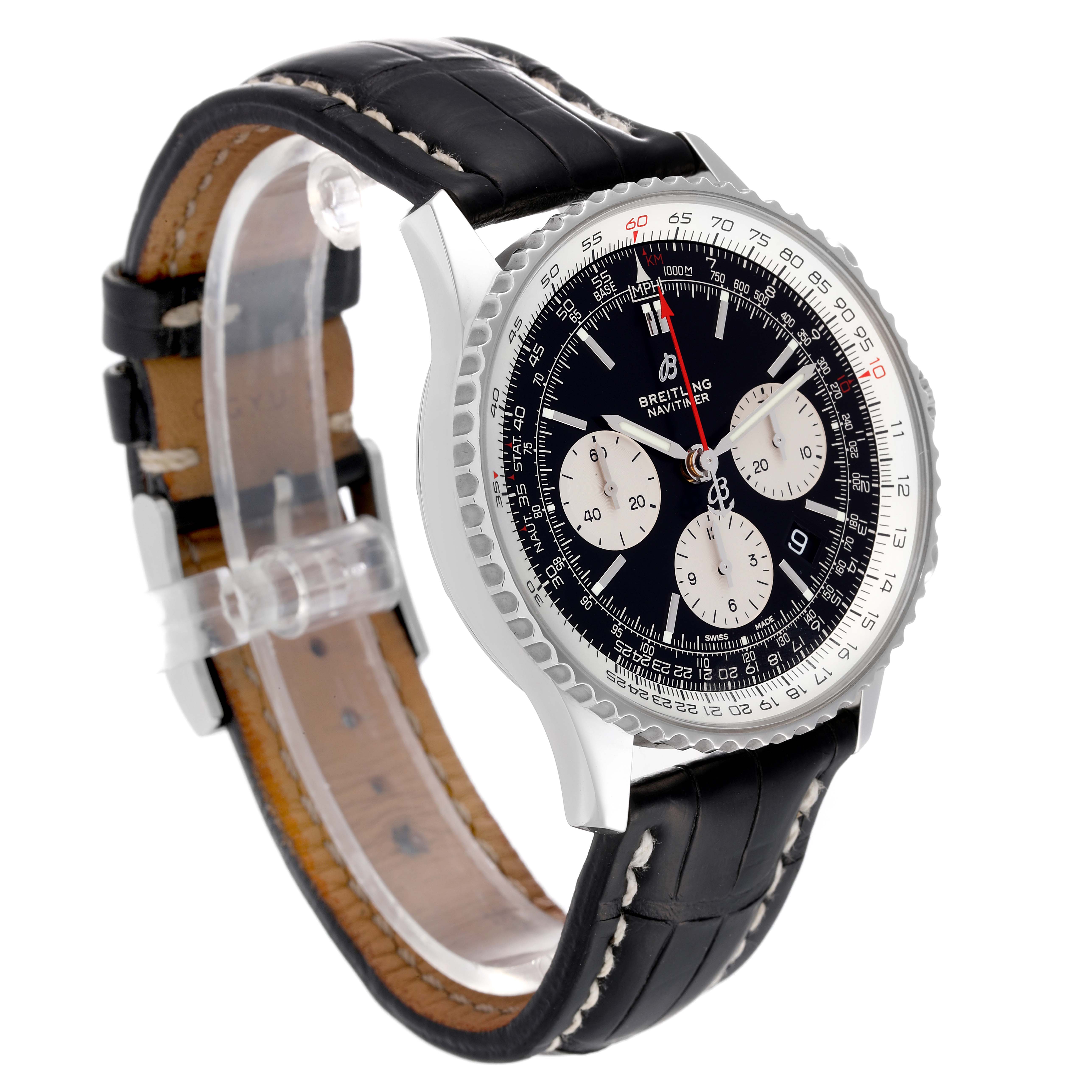 The image shows a Breitling Navitimer AB0121 Men's Stainless Steel Black Dial AB0121 Men's Stainless Steel Black Dial watch from a front-side angle, displaying the dial, bezel, and leather strap.