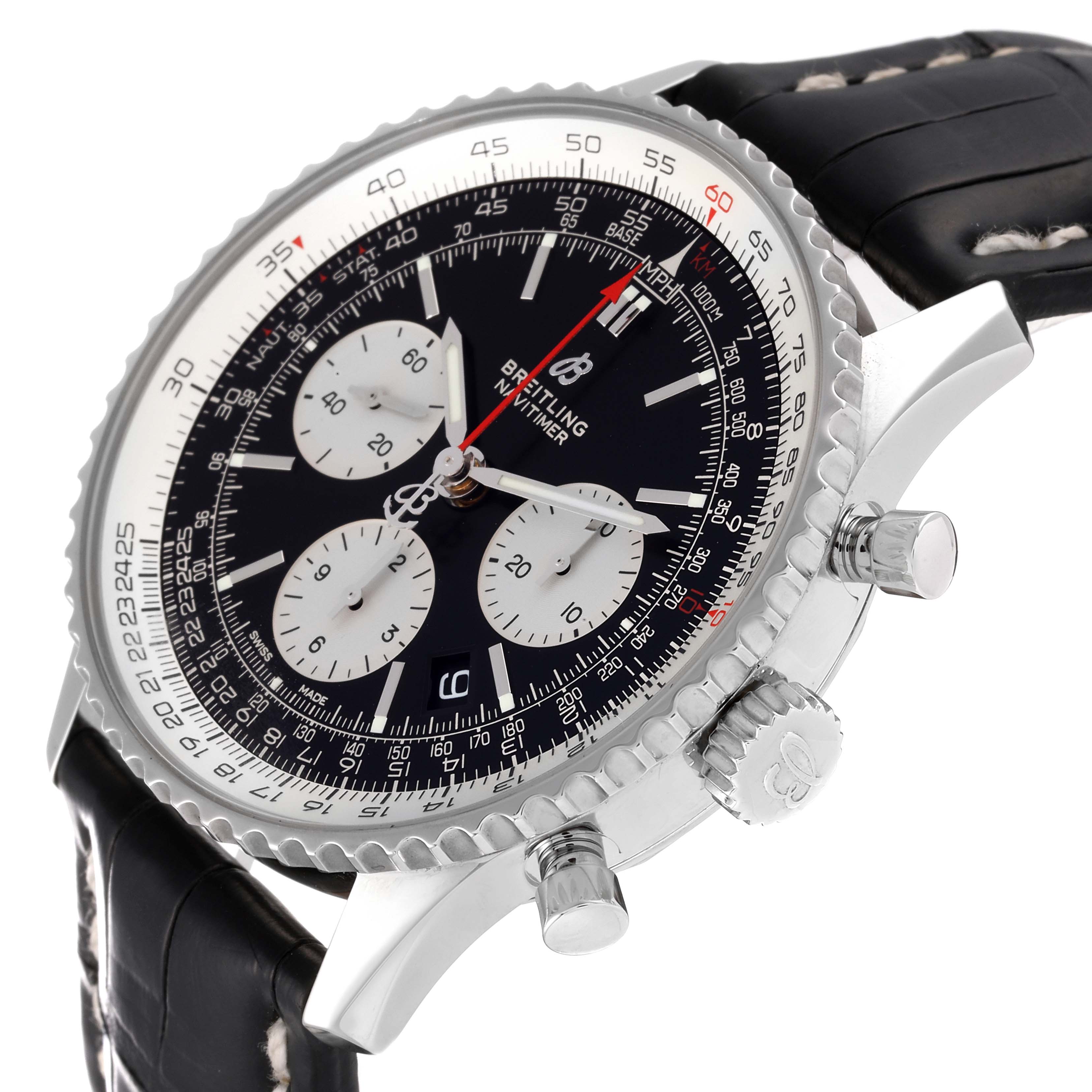 The image shows a close-up, angled view of a Breitling Navitimer AB0121 Men's Stainless Steel Black Dial AB0121 Men's Stainless Steel Black Dial watch, highlighting the face, pushers, crown, and leather strap.
