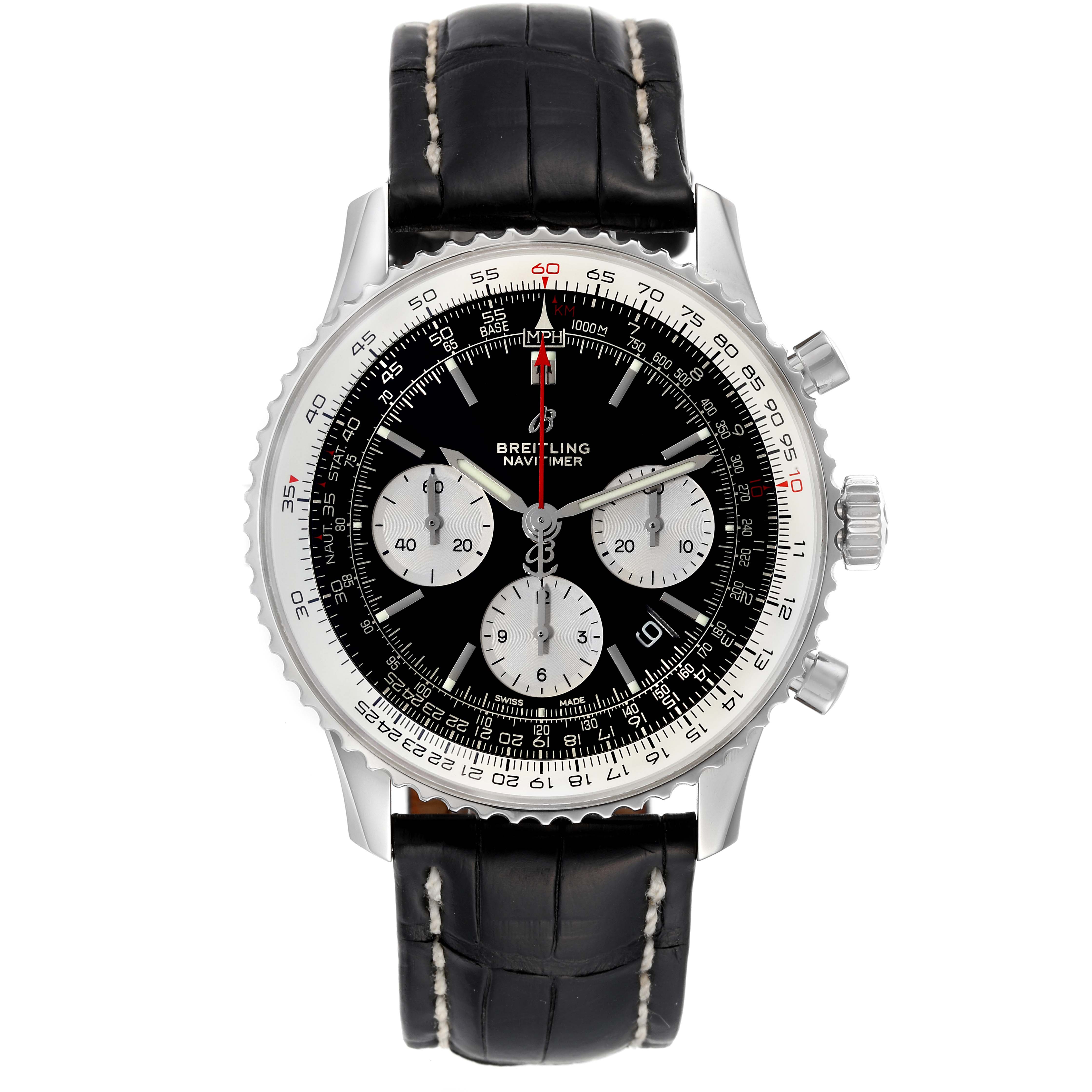 This image shows a frontal view of a Breitling Navitimer AB0121 Men's Stainless Steel Black Dial AB0121 Men's Stainless Steel Black Dial watch, highlighting its black dial, chronograph subdials, and black leather strap.
