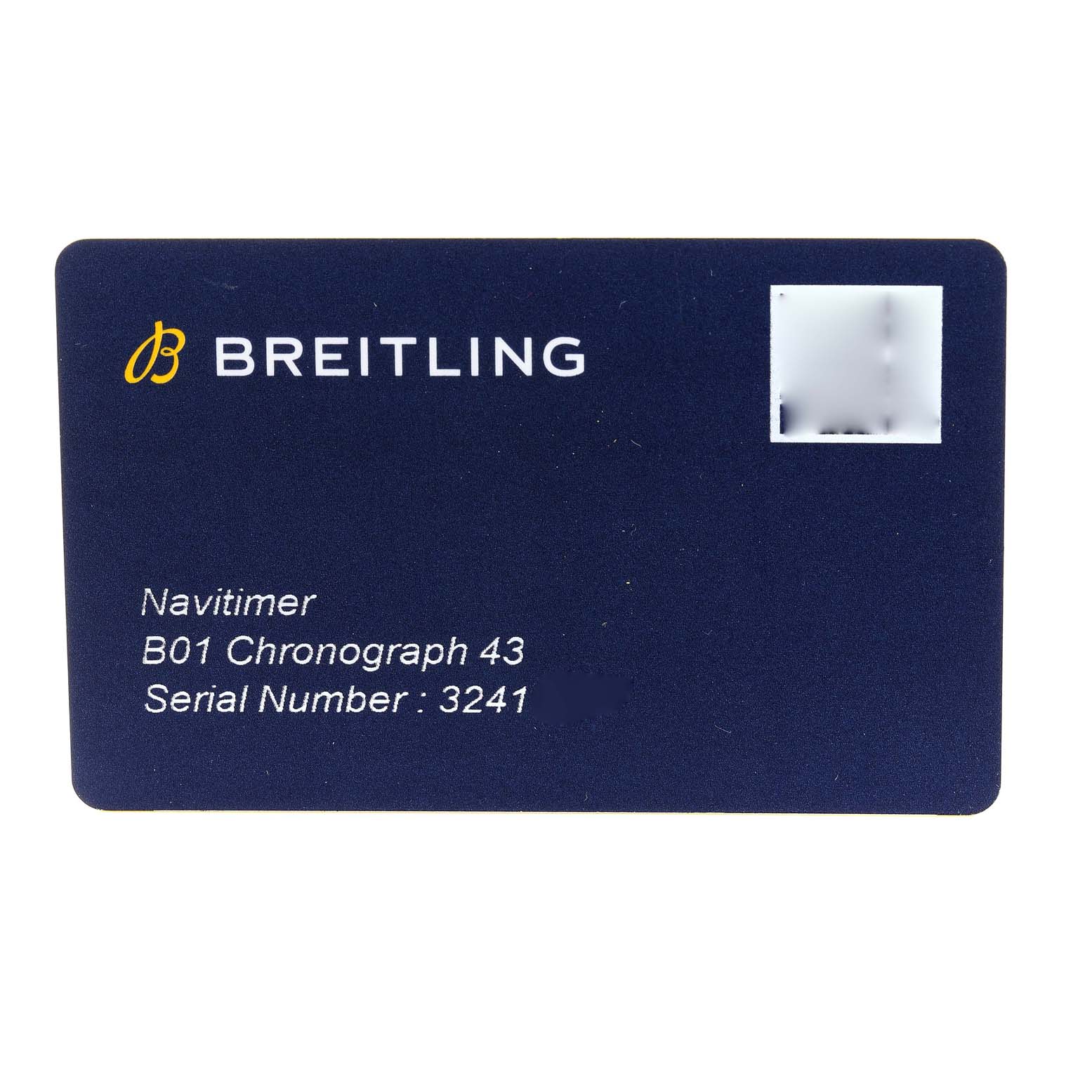 The image shows the identification card for a Breitling Navitimer AB0121 Men's Stainless Steel Black Dial AB0121 Men's Stainless Steel Black Dial B01 Chronograph 43 watch.