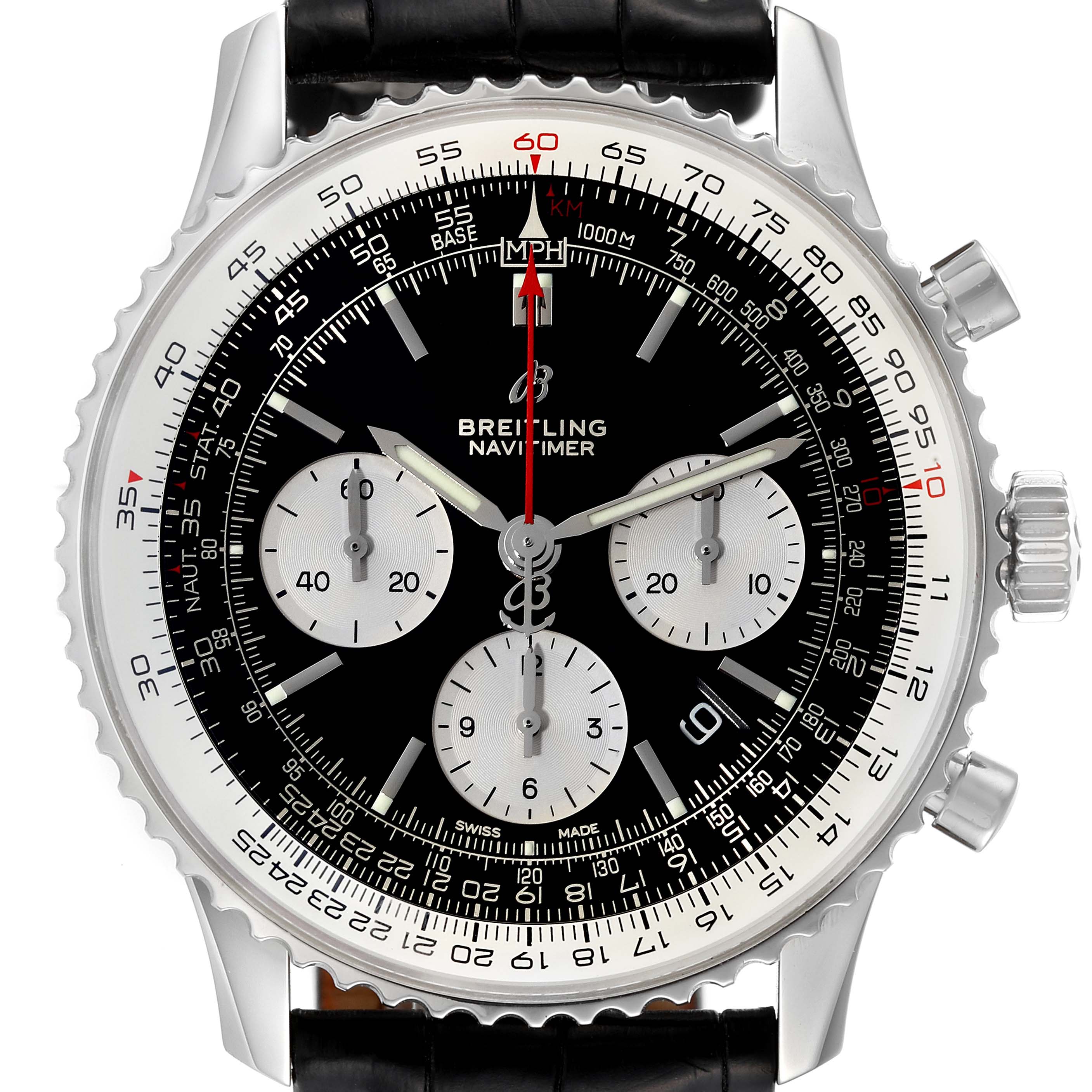 The image shows a front view of the Breitling Navitimer AB0121 Men's Stainless Steel Black Dial AB0121 Men's Stainless Steel Black Dial watch, highlighting the dial, subdials, bezel, and crown.