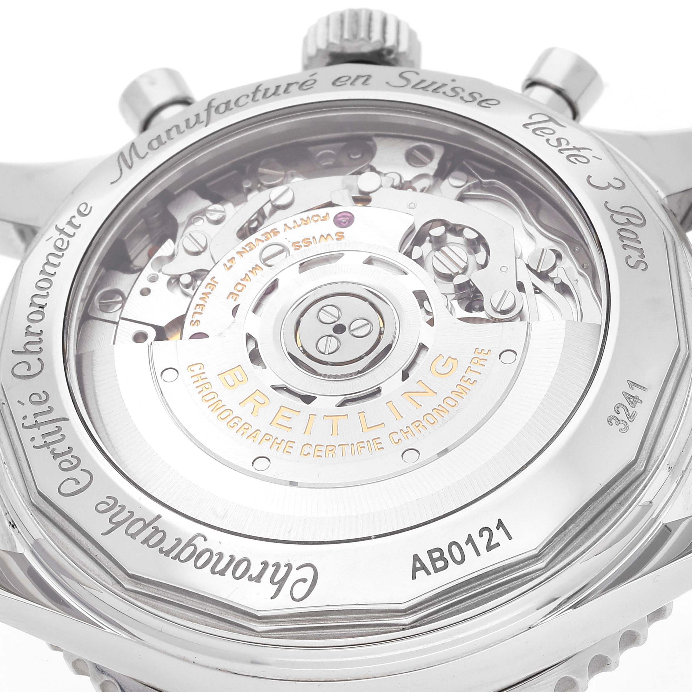 This image shows the back view of a Breitling Navitimer AB0121 Men's Stainless Steel Black Dial AB0121 Men's Stainless Steel Black Dial watch, highlighting its exposed mechanical movement and engravings.