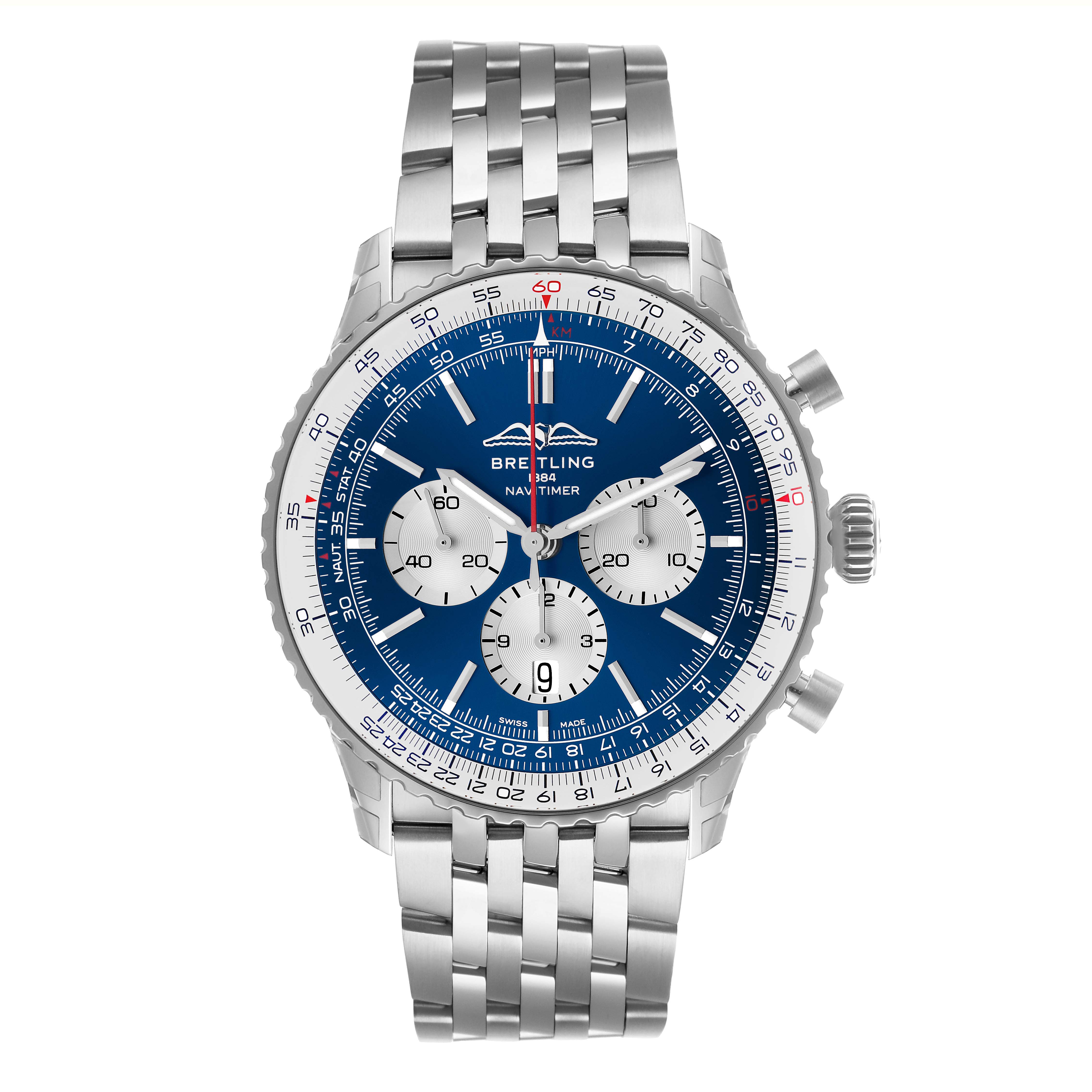 The Breitling Navitimer AB0137 Men's Stainless Steel Blue Dial watch is shown from a front angle, displaying its face, bezel, and metal bracelet.