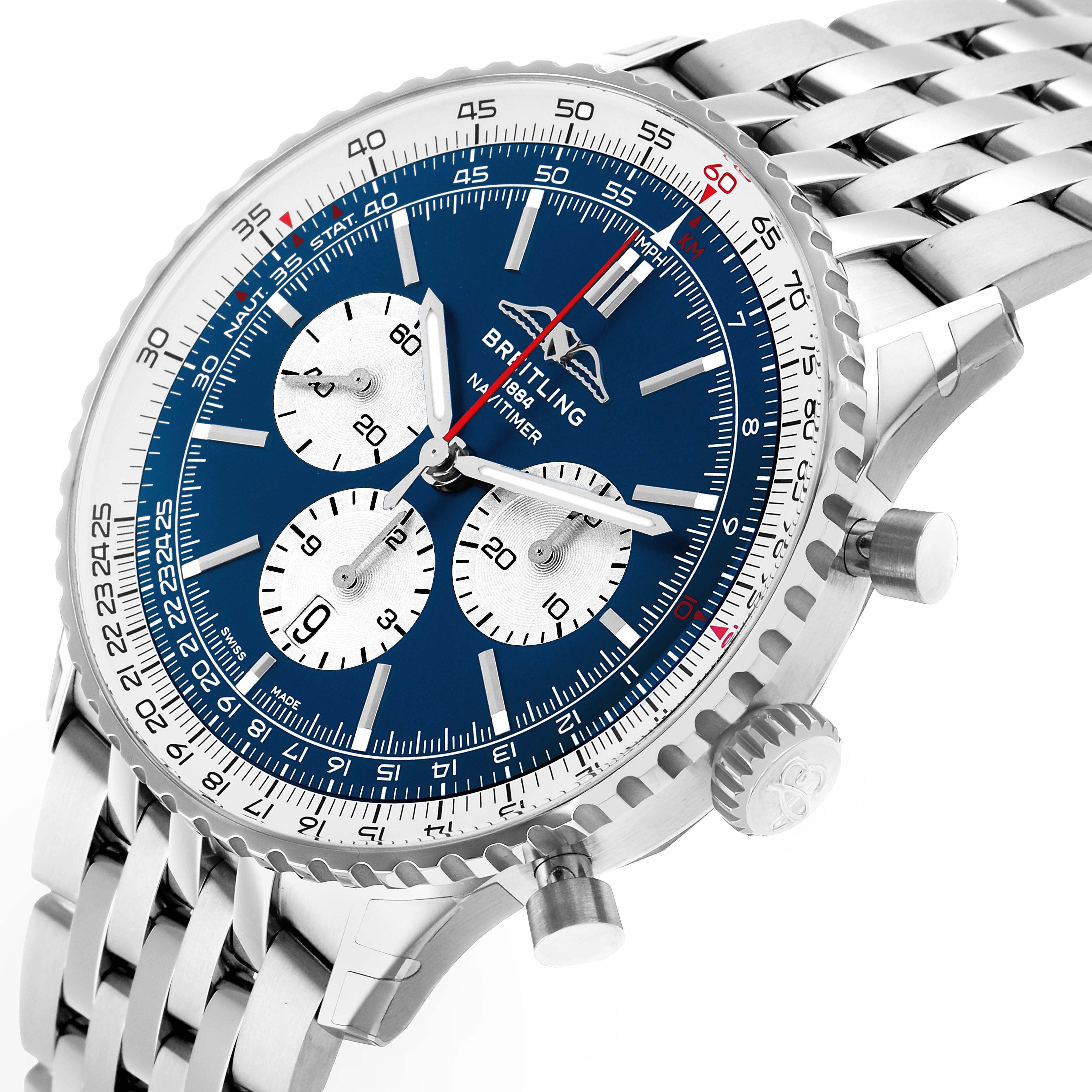 The Breitling Navitimer AB0137 Men's Stainless Steel Blue Dial watch is shown at a slight angle, highlighting the bezel, chronograph dials, and metal bracelet.