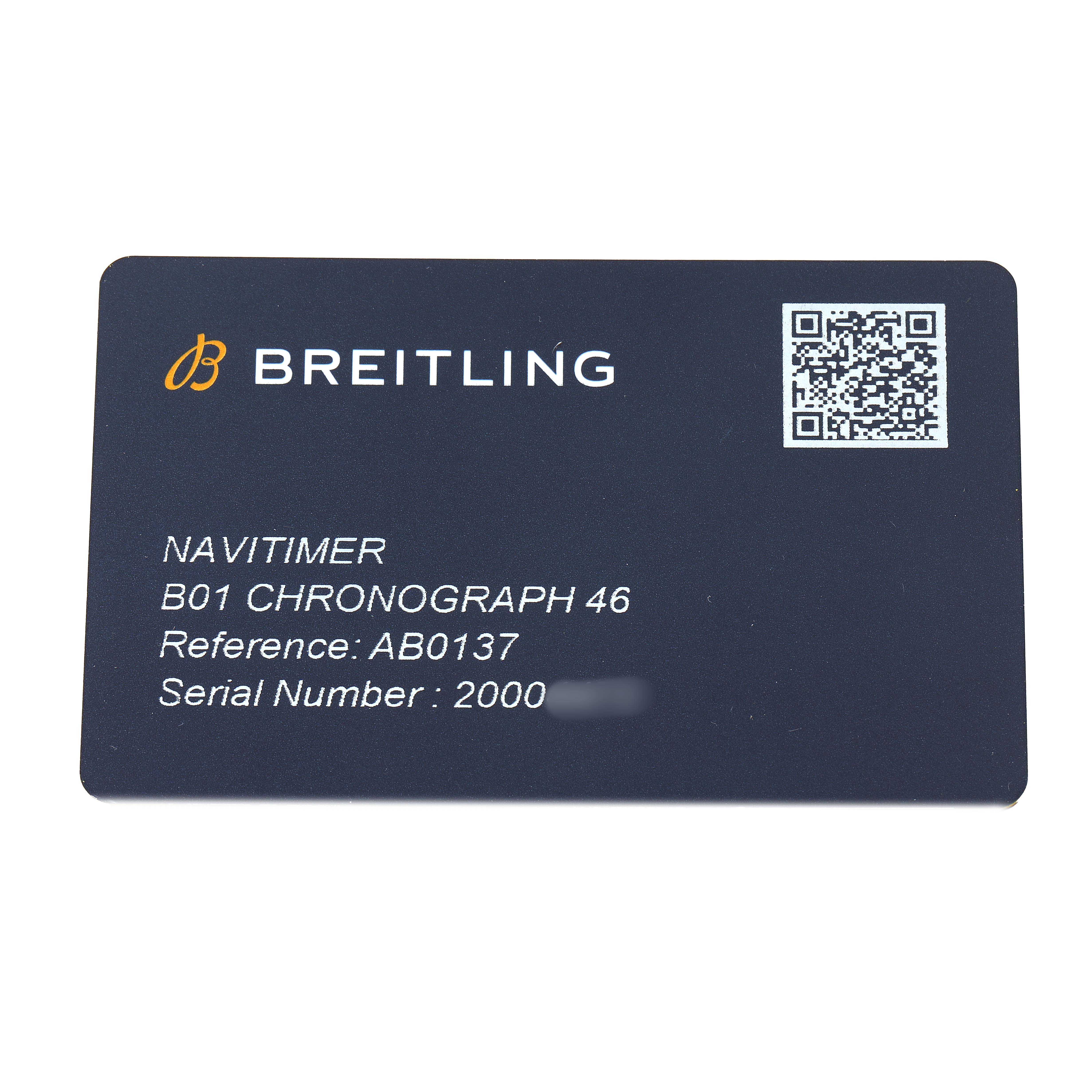 The image shows a warranty card for a Breitling Navitimer AB0137 Men's Stainless Steel Blue Dial B01 Chronograph 46, displaying the brand, reference, and serial number.