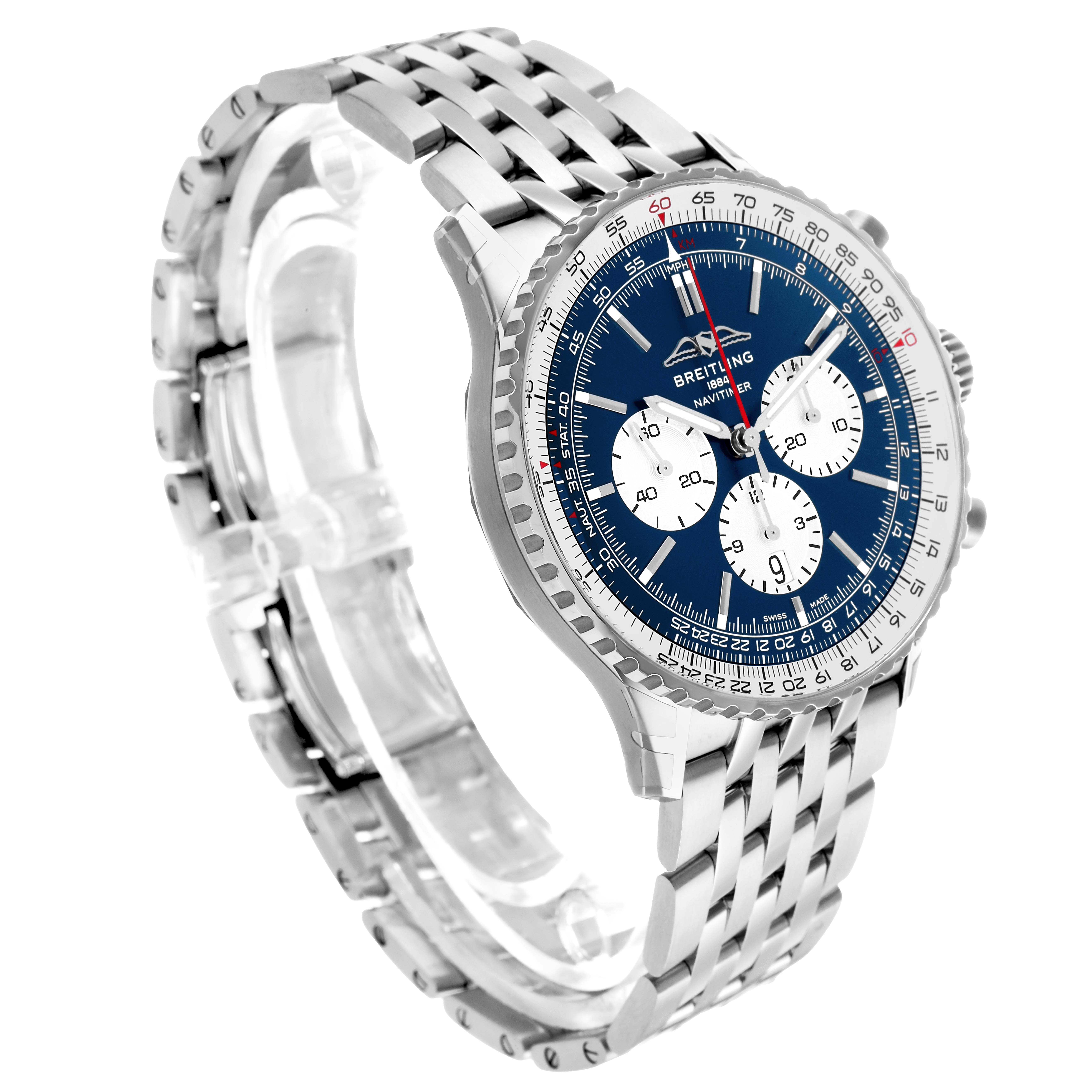 The Breitling Navitimer AB0137 Men's Stainless Steel Blue Dial watch is shown at an angled side view, highlighting the face, bezel, and metal bracelet.