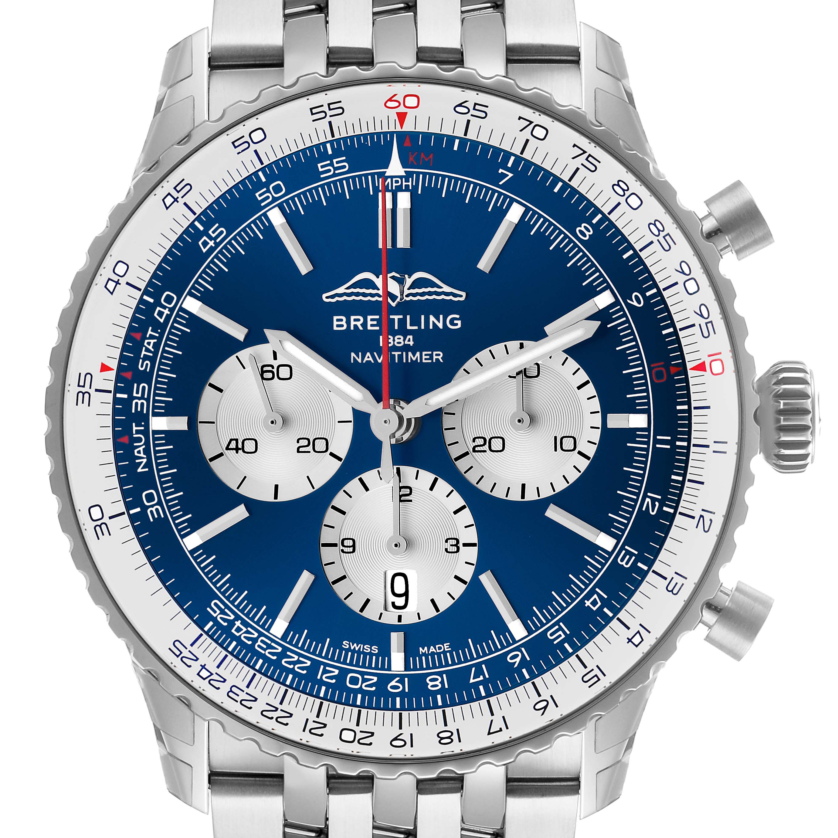 The Breitling Navitimer AB0137 Men's Stainless Steel Blue Dial watch is shown from a front angle, displaying its blue dial, chronograph subdials, and metal bracelet.