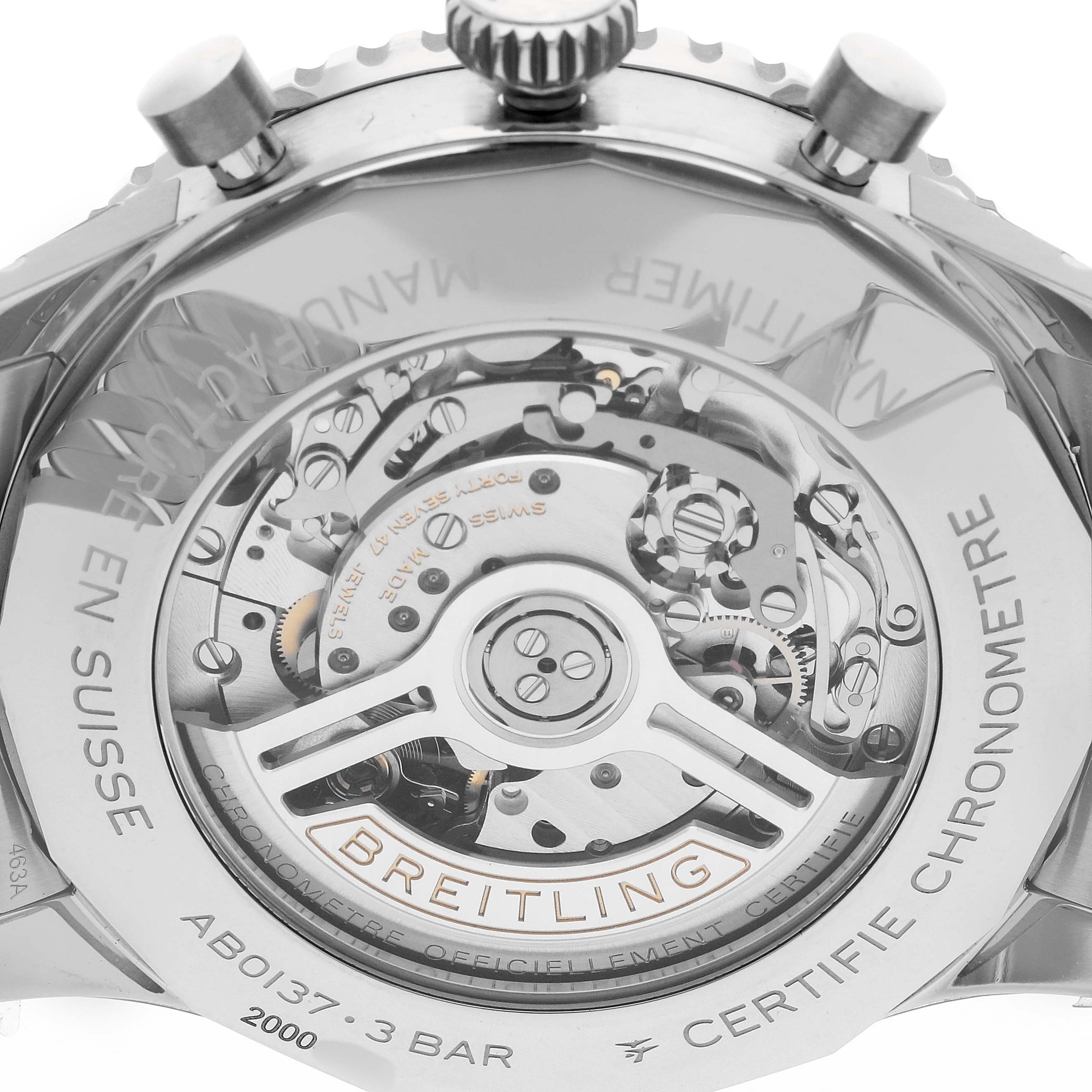 The image shows the back of a Breitling Navitimer AB0137 Men's Stainless Steel Blue Dial, highlighting its mechanical movement and rotor.