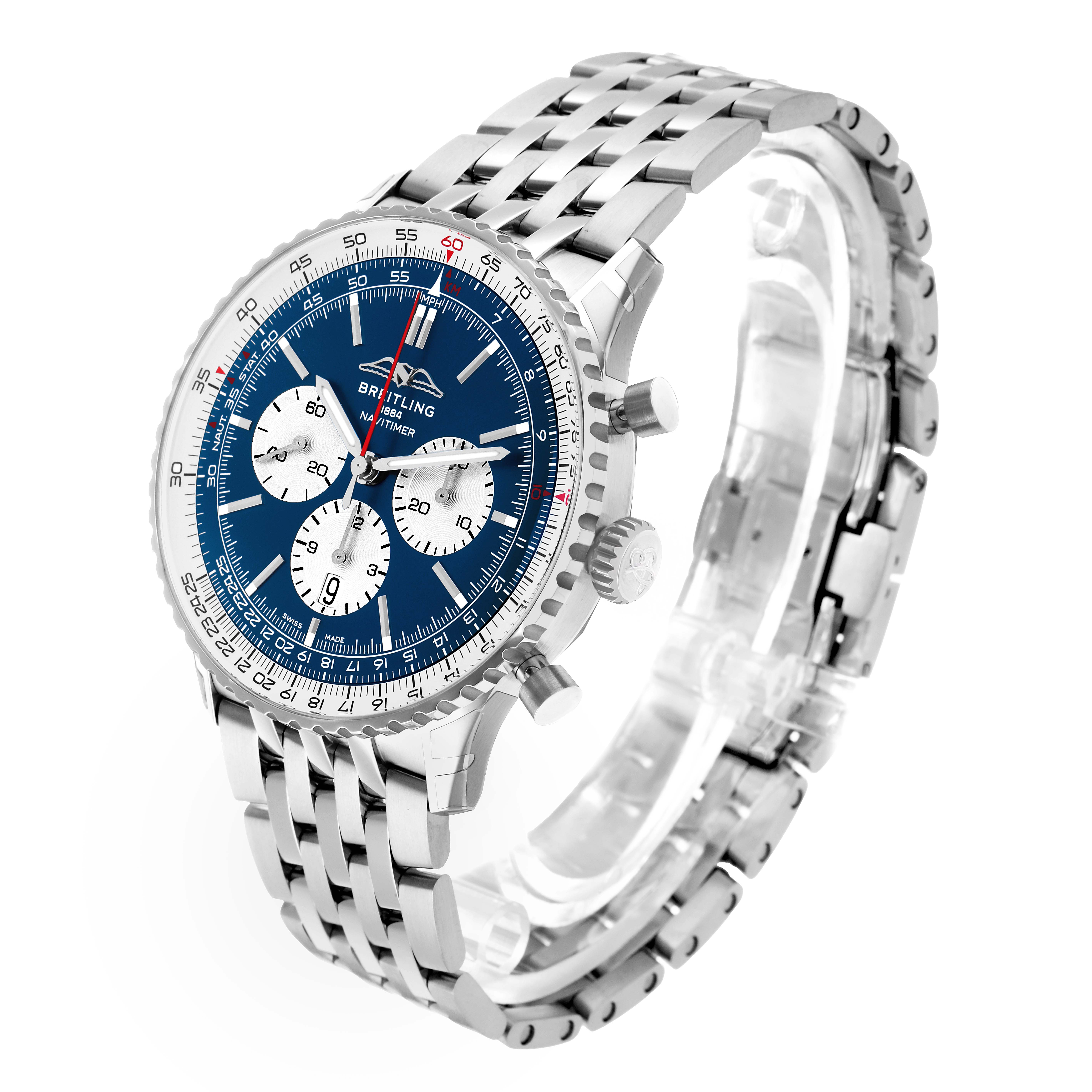 The Breitling Navitimer AB0137 Men's Stainless Steel Blue Dial watch is shown at a three-quarter angle displaying the face, crown, pushers, and metal bracelet.
