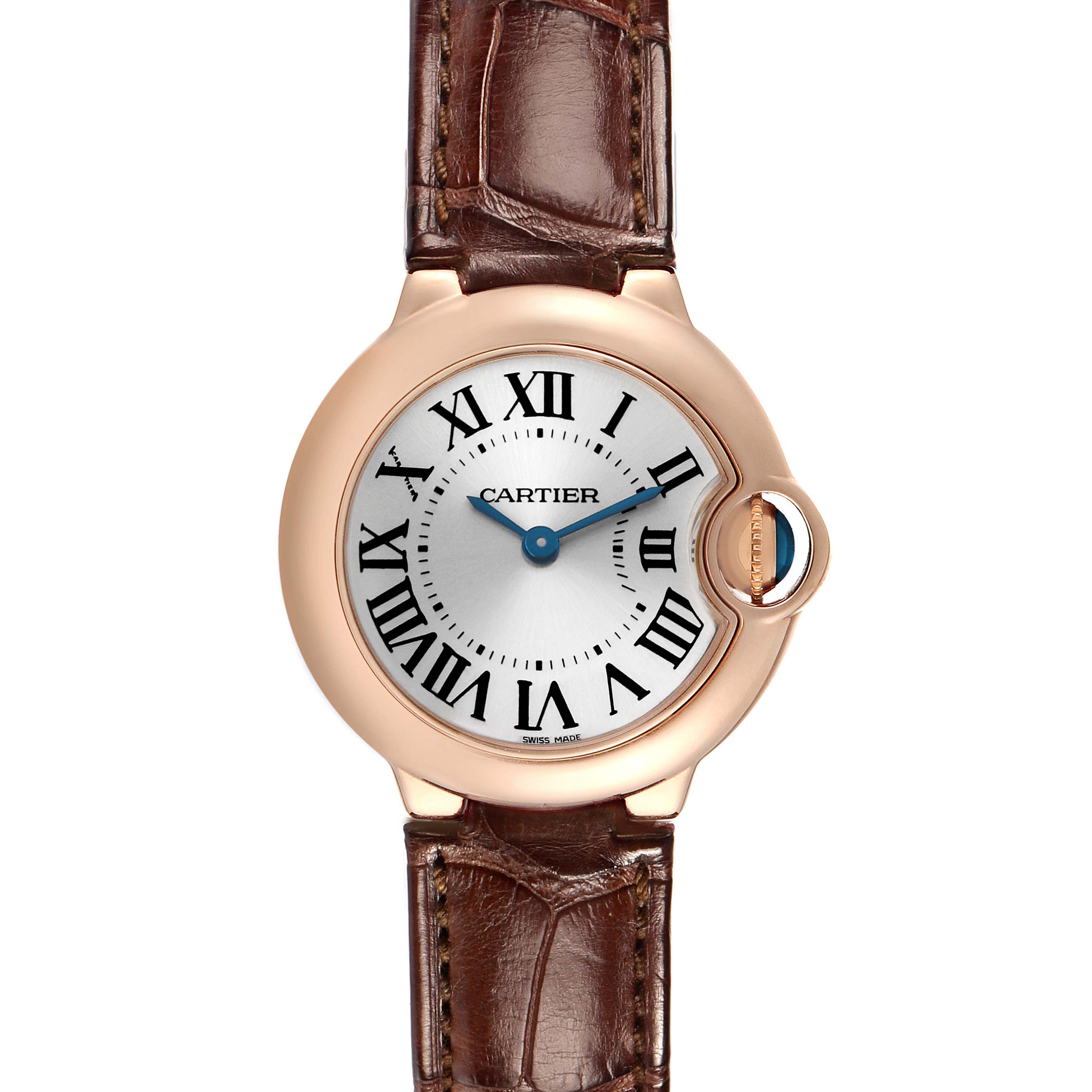 The image shows a front view of a Cartier Ballon Bleu W6900256 Women's Rose Gold Silver Dial watch, highlighting its round dial, Roman numerals, and leather strap.