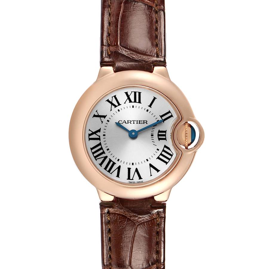 The image shows a front view of a Cartier Ballon Bleu W6900256 Women's Rose Gold Silver Dial watch, highlighting its round dial, Roman numerals, and leather strap.