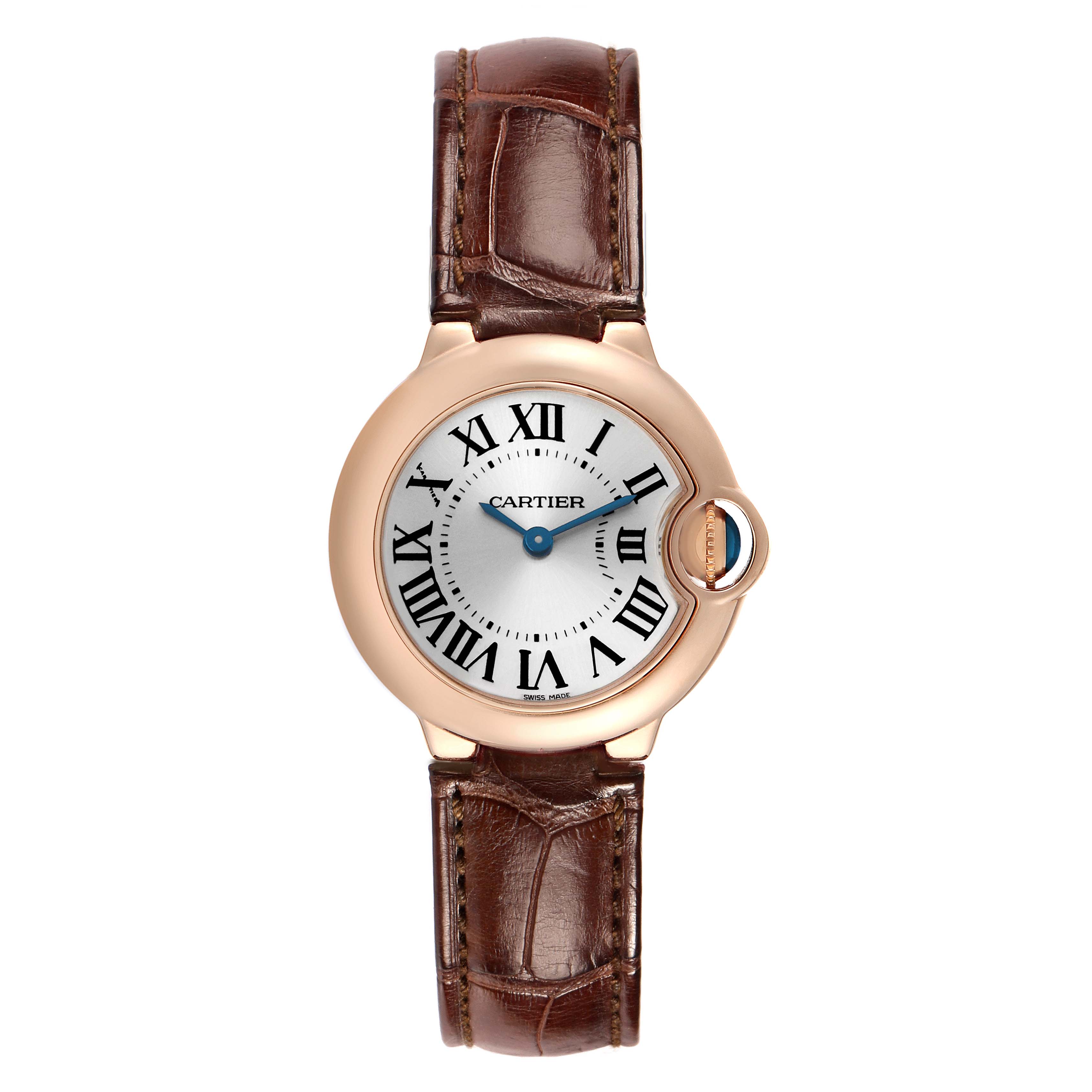 The Cartier Ballon Bleu W6900256 Women's Rose Gold Silver Dial watch is shown from the front, displaying its round dial, Roman numerals, and brown leather strap.