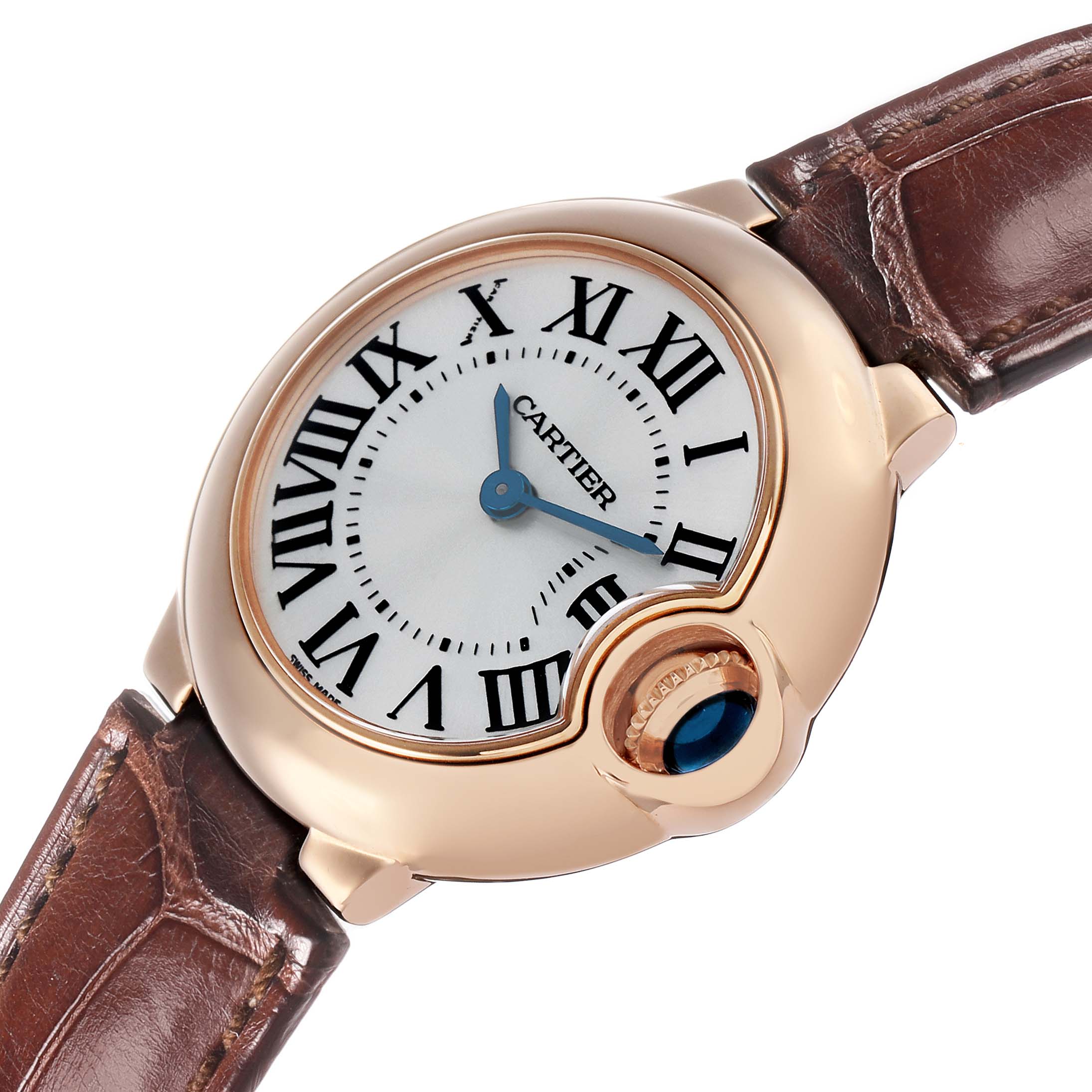 The Cartier Ballon Bleu W6900256 Women's Rose Gold Silver Dial watch is shown at a slight angle, displaying the dial, Roman numerals, blue hands, and part of the leather strap.
